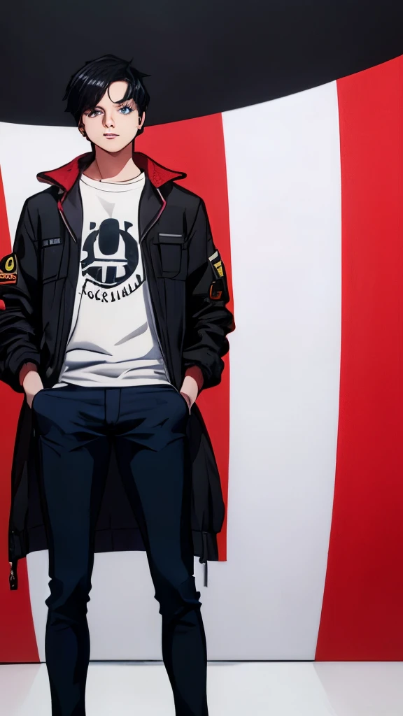  boy, wearing tight pants,big penis, licking dick,black wearing a jacket,short hair,black hair,blue eyes,stand straight.