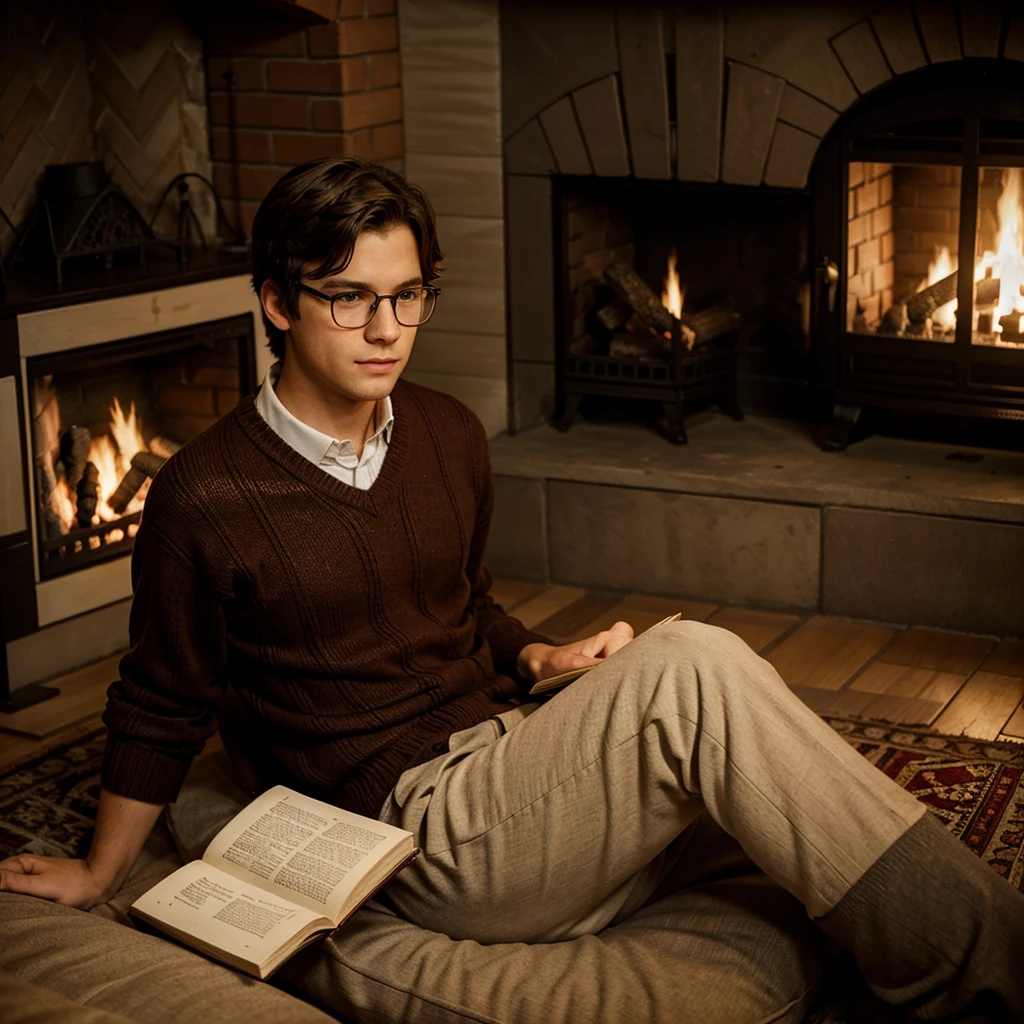 Boy in dress sweater next to a classic fireplace reading a good book wearing glasses