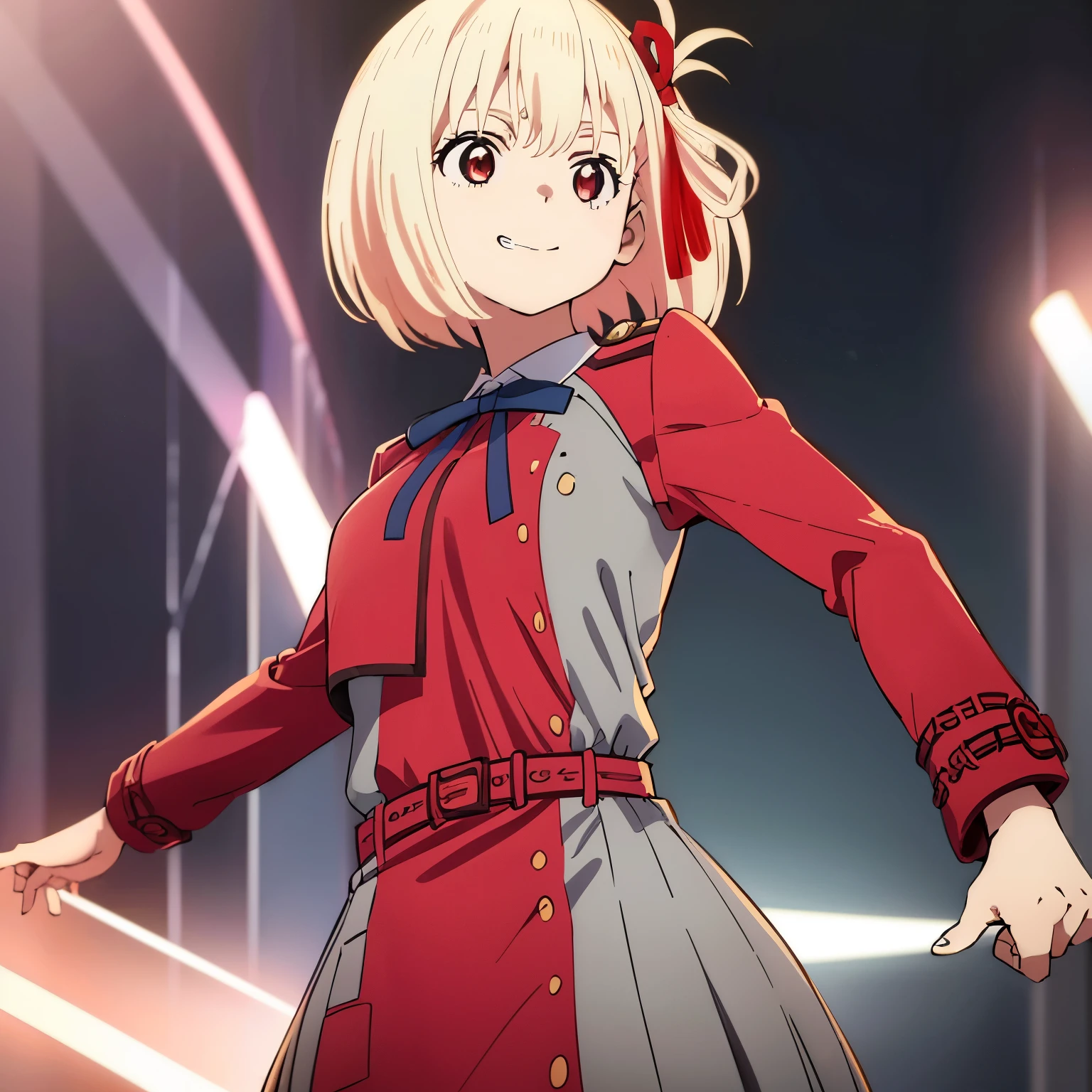 chisato, 1girl, solo, short hair, hair ribbon, breasts, neck ribbon, collared shirt, lycoris uniform, two-tone dress, red dress, grey dress, long sleeves, red belt, face of happiness, smile mouth, (((1girl))),(((Solo))),(((1 person))).