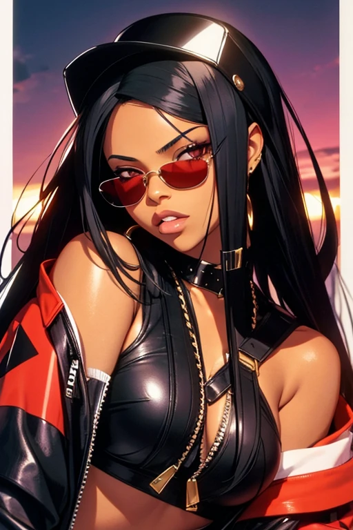 Aaliyah Dana Haughton estilo hip-hop, cabelos curtos, casaco preto, sunglasses in japan 90s 