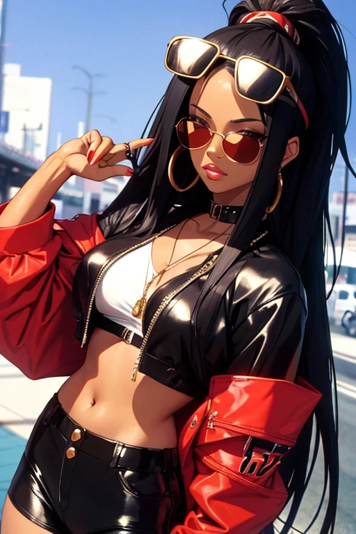 Aaliyah Dana Haughton estilo hip-hop, cabelos curtos, casaco preto, sunglasses in japan 90s