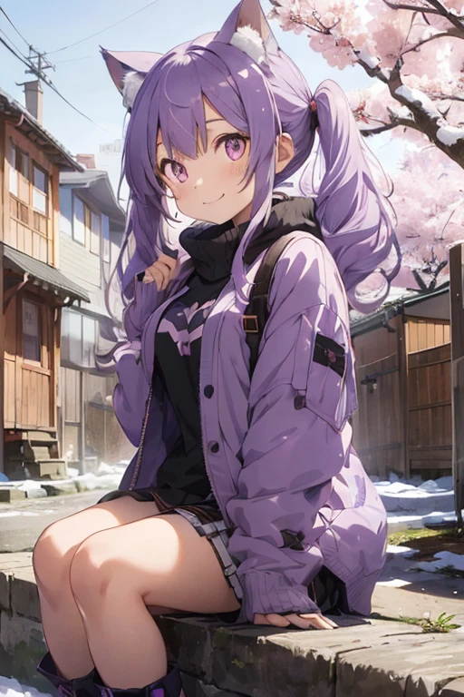 1girl, , long hair, low twintails, fuzzy twintails, light purple hair, cat ears, animal ear fluff, purple cat eyes, park, cherry blossoms, winter,snow, morning, portrait, cat tail, sit pose, short jacket, boots, cute smile, coffee