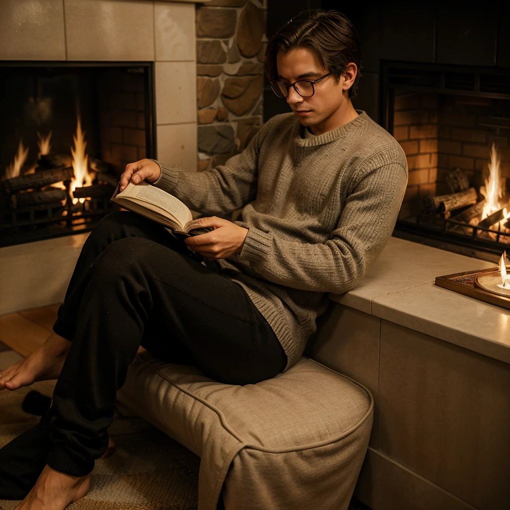 Boy in a sweater and dress pants next to a classic fireplace reading a good book wearing glasses and a cup of tea