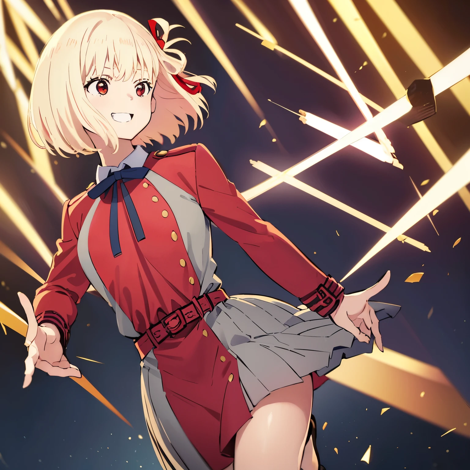 chisato, 1girl, solo, short hair, hair ribbon, breasts, neck ribbon, collared shirt, lycoris uniform, two-tone dress, red dress, grey dress, long sleeves, red belt, face of happiness, smile mouth, full body,(((1girl))),(((Solo))),(((1 person))).