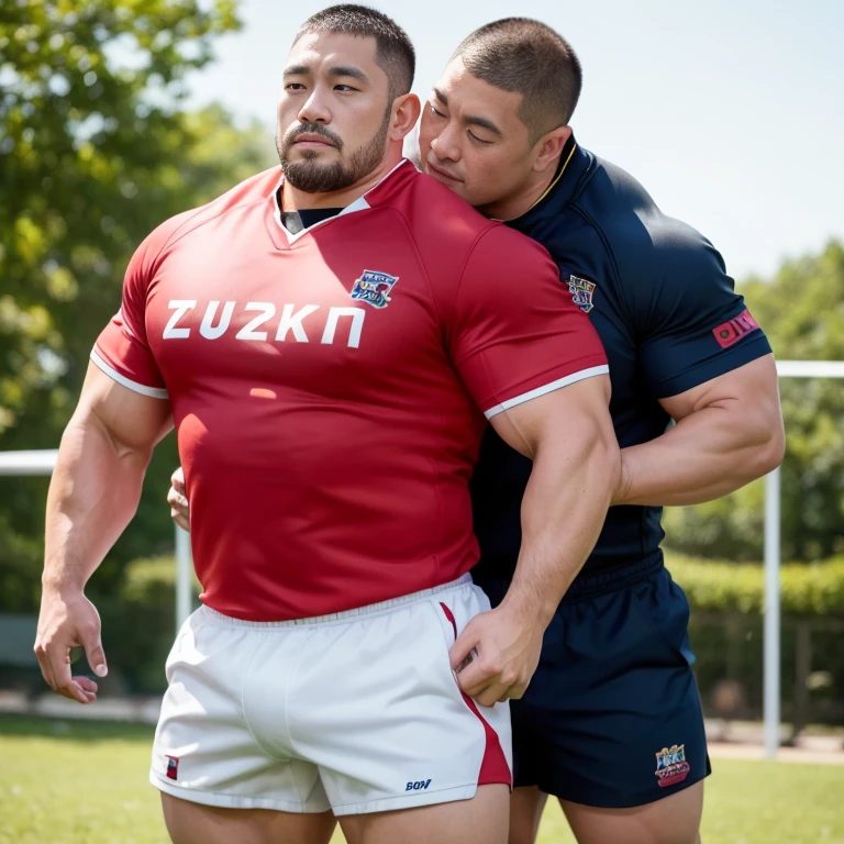 (looking away:1.2), (sexy look:1.2), (hugging each other:1.2), (rugby uniform:1.2), (at play ground:1.2), Japanese man, manly face, (round face:1.2), (monolid eyes:1.2), (crew cut:1.2), very large and strong body, bulky body, beefy muscles, (bulging muscles:1.2), (very large pectoral muscles:1.2), (muscular arms:1.2), muscular abs, muscular legs, muscular back, bright oily skin, (realistic:1.2), distant view