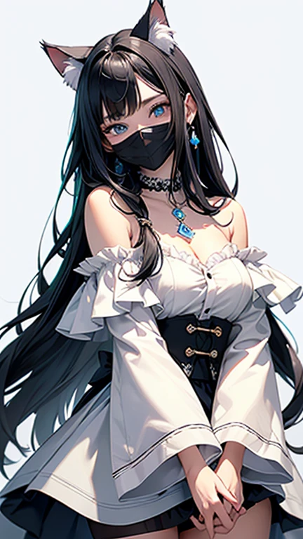 (highest quality, masterpiece, High resolution)、(anime art)、,cinematic light、soft light、girl、black hair、blue eyes、Persian Cat Costume、off shoulder、Cat ear、medium long hair、hair ornaments、choker、enchanting smile、Medium chest、Meow Meow Pose、Cat jarashi、((white background))、