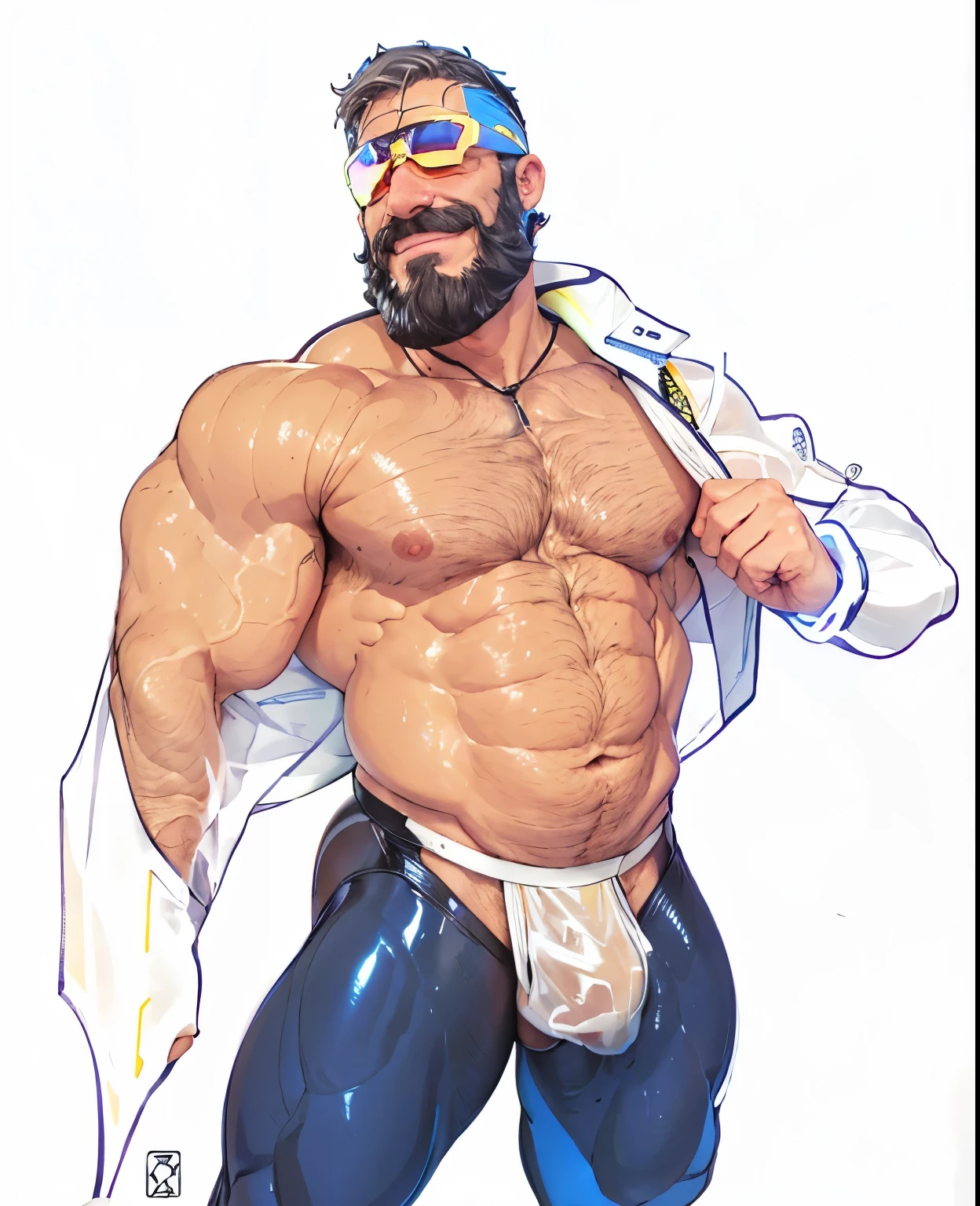 full body portrait, strong burly hairy mature older man(space captain), wearing futuristic captain's uniform insignia (neon and black) (open and revealing) (latex) , gray hair, reflective sunglasses (neon yellow rims), broad shoulders, round belly, thick feet, bulging micro thong, barefoot, scifi spaceship captain uniform, neon lights, best quality elegant masterpiece, face looks like Tom Selleck (Magnum PI) , military buzzcut, dark mustache, gray stubble, latex, wearing a latex thong, big bulging crotch, futuristic gear equipment, wearing see through plastic chest armor (neon yellow and electric blue), wearing neon yellow see through chest armor, wearing electric blue latex chaps(see-through) , wearing cool neon sneakers,in spaceship cockpit, lying in spaceship sleeping quarters(bed) (view from above), smiling with teeth showing, nicebulge, waiting in bed, glowing armor, legs up(!) and spread(!) , big muscle ass, wet and dripping ass, visible asshole(!) , wet asshole, hairy pecs, thick long legs, silver hair