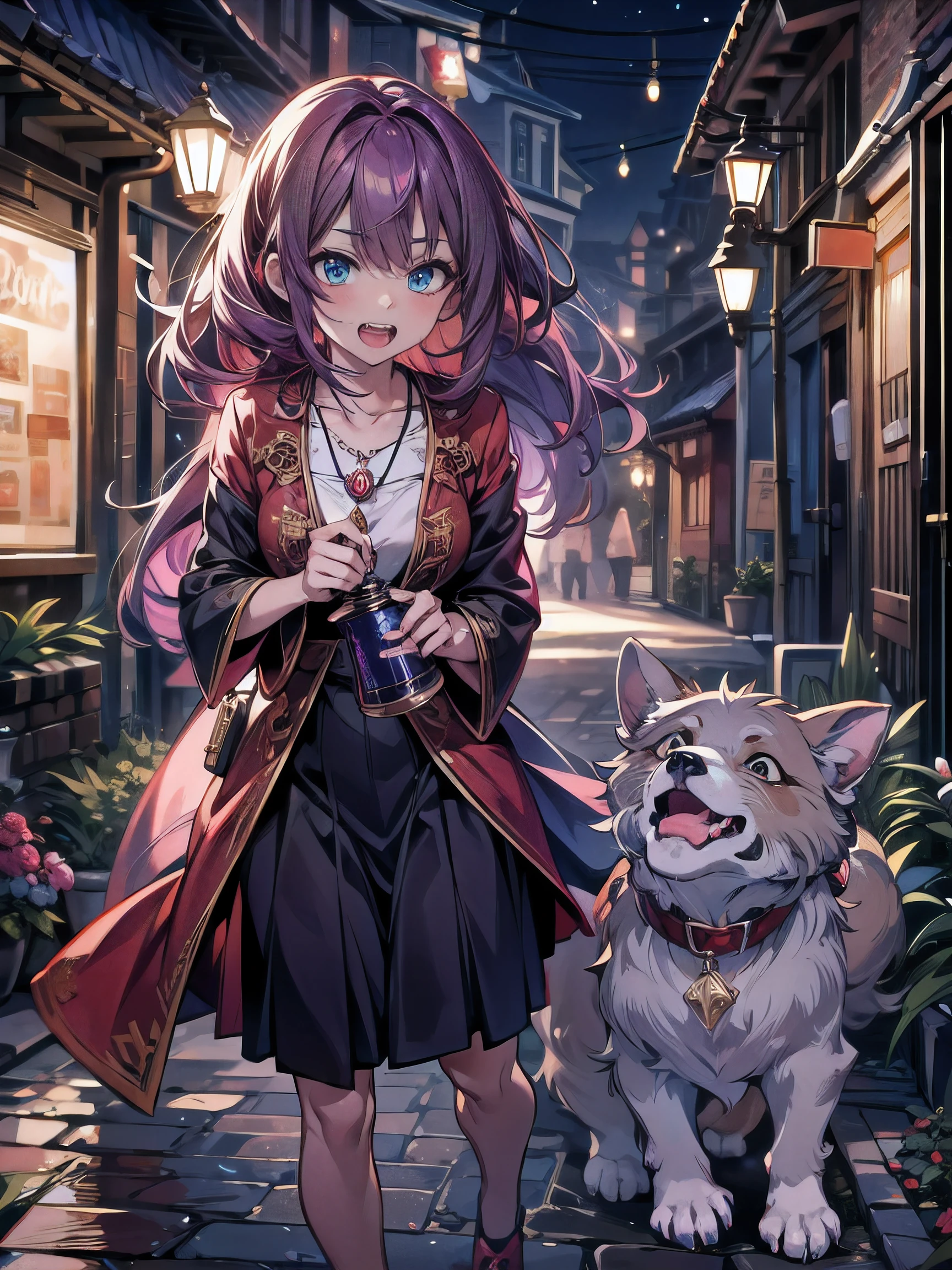 (masterpiece,best quality,ultra-detailed), CG, award winning, ccurate, UHD, textured skin, chromatic aberration, perfect anatomy, Fujicolor, fantasy, ung vampire girl approaching from the alley at midnight, flat and short body, young sister taste, back semi-long hair with red inner color, azure eyes, wearing wine red magic robe with a amethyst pendant, tsundere mode, turning red face, "I don't know!!" cute canine teeth, funny night