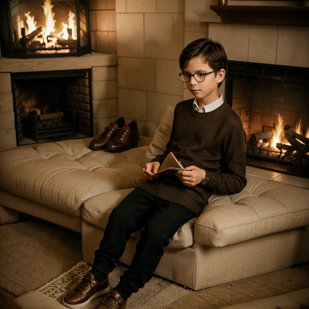 Eleven year old boy with sweater shoes and dress pants next to a classic fireplace reading a good book wearing glasses and a cup of tea and wrist watch