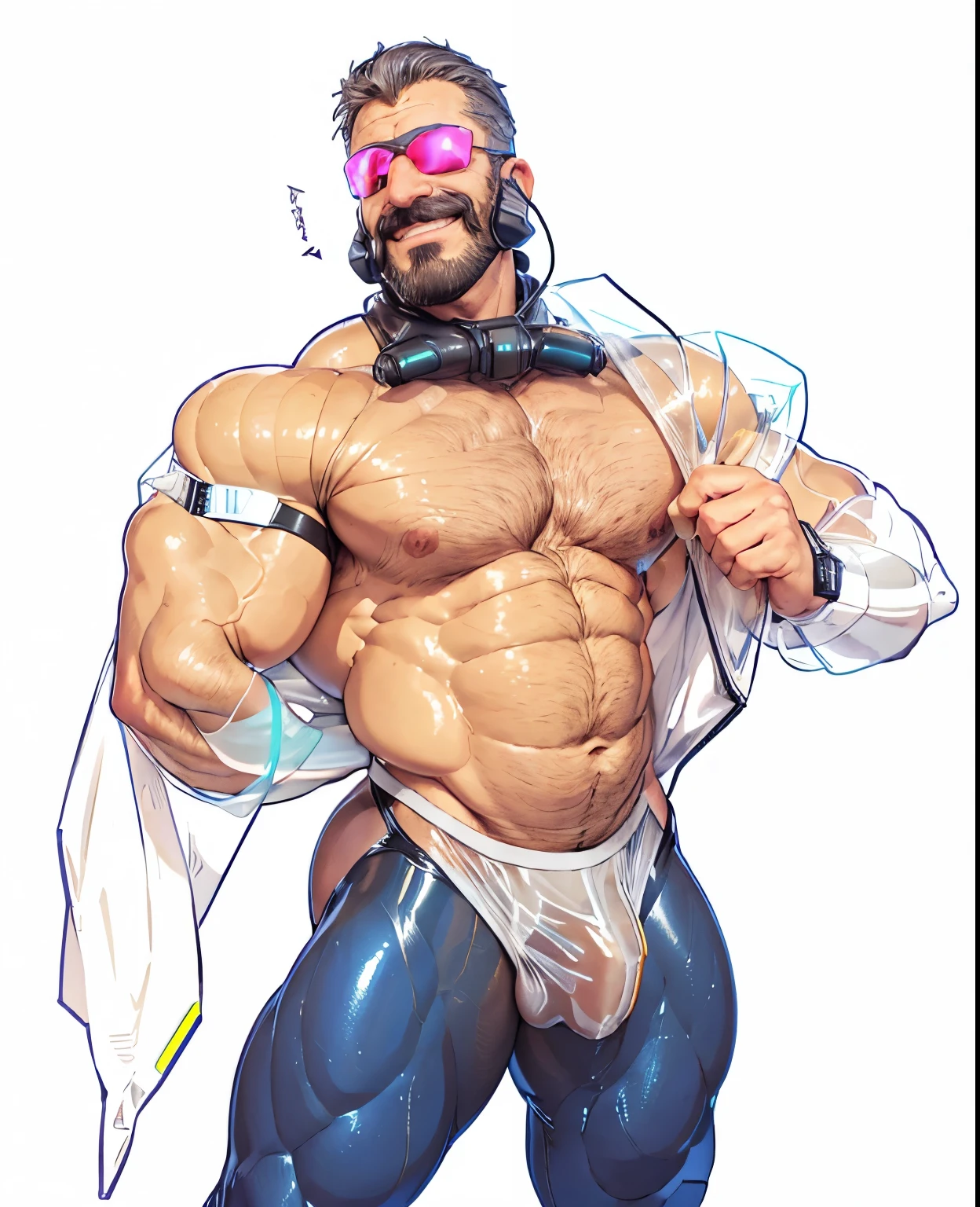 full body portrait, strong burly hairy mature older man(space captain), wearing futuristic captain's uniform insignia (neon and black) (open and revealing) (latex) , gray hair, reflective sunglasses (neon yellow rims), broad shoulders, round belly, thick feet, bulging micro thong, barefoot, scifi spaceship captain uniform, neon lights, best quality elegant masterpiece, face looks like Tom Selleck (Magnum PI) , military buzzcut, dark mustache, gray stubble, latex, wearing a latex thong, big bulging crotch, futuristic gear equipment, wearing see through plastic chest armor (neon yellow and electric blue), wearing neon yellow see through chest armor, wearing electric blue latex chaps(see-through) , wearing cool neon sneakers,in spaceship cockpit, lying in spaceship sleeping quarters(bed) (view from above), smiling with teeth showing, nicebulge, waiting in bed, glowing armor, legs up(!) and spread(!) , big muscle ass, wet and dripping ass, visible asshole(!) , wet asshole, hairy pecs, thick long legs, silver hair