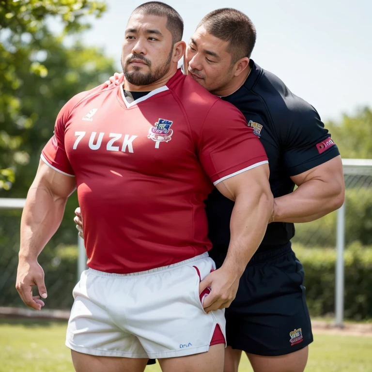 (looking away:1.2), (sexy look:1.2), (hugging each other:1.2), (rugby uniform:1.2), (at play ground:1.2), Japanese man, manly face, (round face:1.2), (monolid eyes:1.2), (crew cut:1.2), very large and strong body, bulky body, beefy muscles, (bulging muscles:1.2), (very large pectoral muscles:1.2), (muscular arms:1.2), muscular abs, muscular legs, muscular back, bright oily skin, (realistic:1.2), distant view