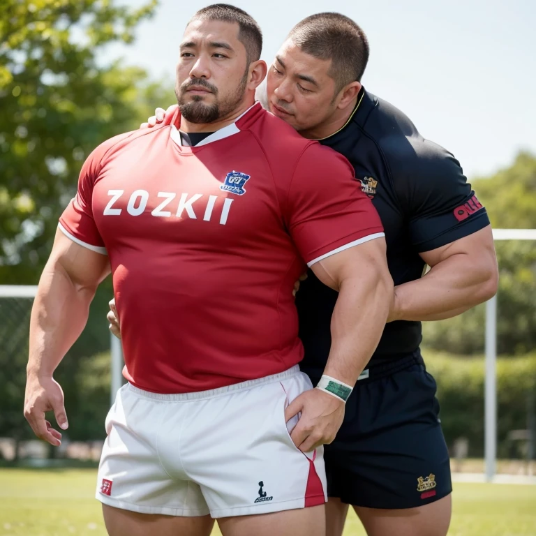 (looking away:1.2), (sexy look:1.2), (hugging each other:1.2), (rugby uniform:1.2), (at play ground:1.2), Japanese man, manly face, (round face:1.2), (monolid eyes:1.2), (crew cut:1.2), very large and strong body, bulky body, beefy muscles, (bulging muscles:1.2), (very large pectoral muscles:1.2), (muscular arms:1.2), muscular abs, muscular legs, muscular back, bright oily skin, (realistic:1.2), distant view