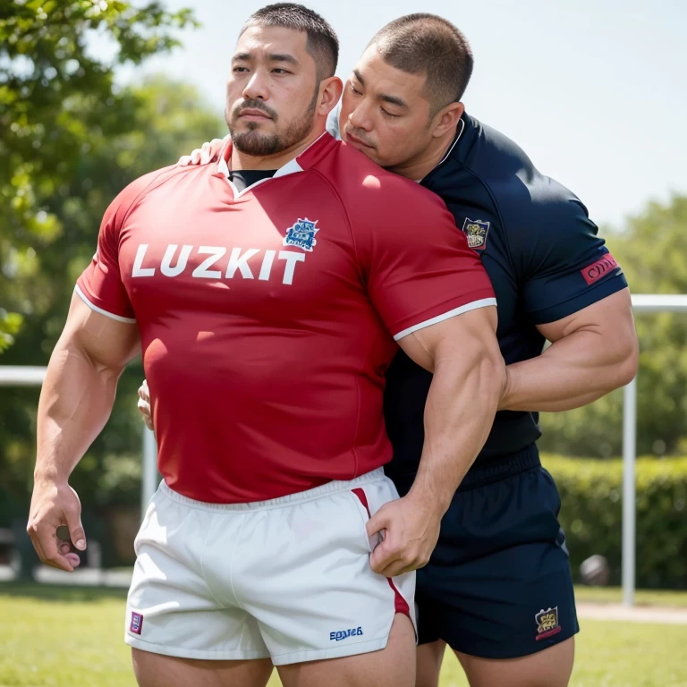 (looking away:1.2), (sexy look:1.2), (hugging each other:1.2), (rugby uniform:1.2), (at play ground:1.2), Japanese man, manly face, (round face:1.2), (monolid eyes:1.2), (crew cut:1.2), very large and strong body, bulky body, beefy muscles, (bulging muscles:1.2), (very large pectoral muscles:1.2), (muscular arms:1.2), muscular abs, muscular legs, muscular back, bright oily skin, (realistic:1.2), distant view