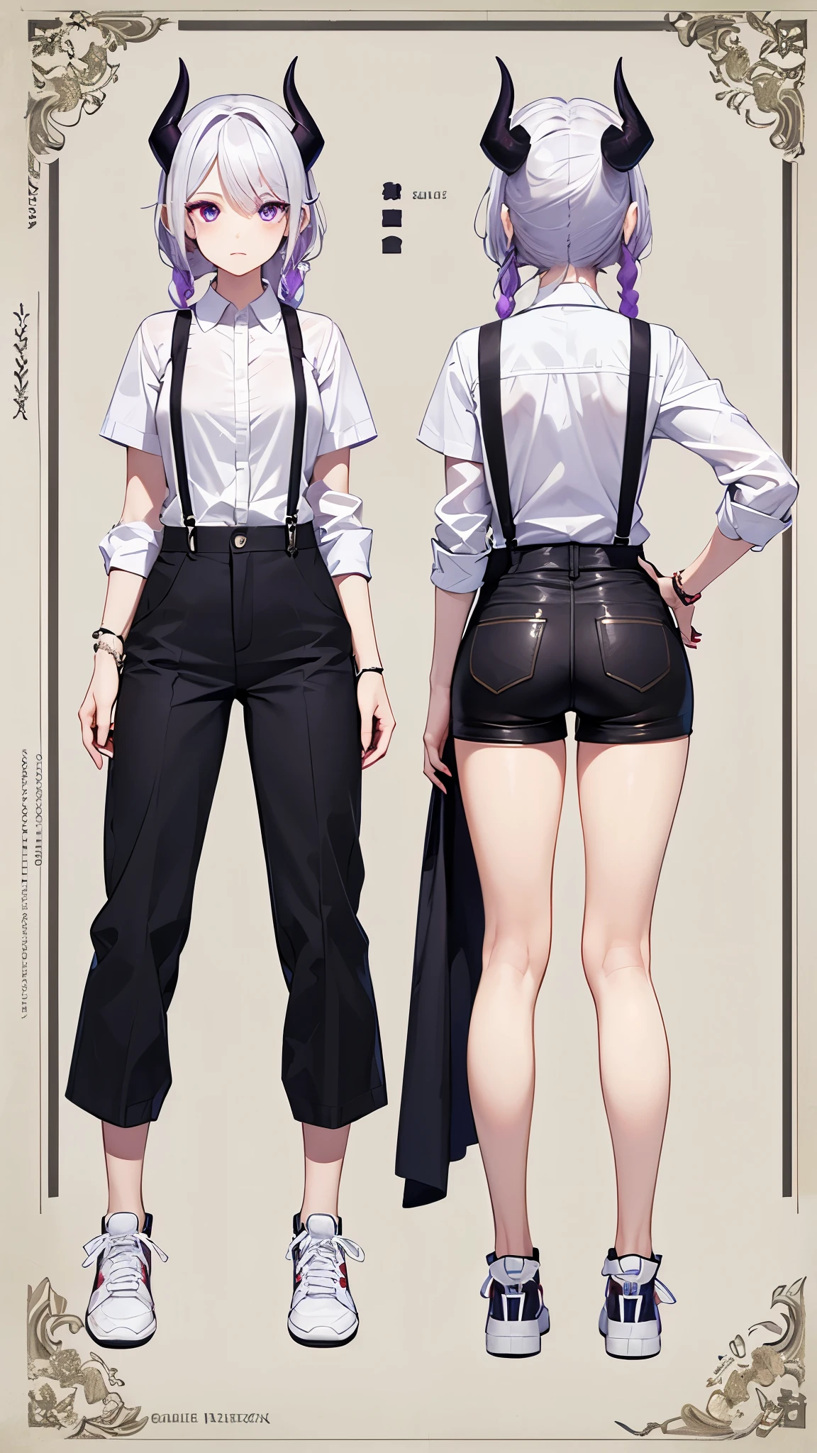 (Masterpiece, best quality), detailed, character sheet, many items (the same person, shirt, pants, lowered suspenders, , white sneakers, many parts), demon, narrow hips, demon girl, detailed beautiful purple eyes, detailed face, white hair and white skin, braided ponytail, demon horns, full of details.