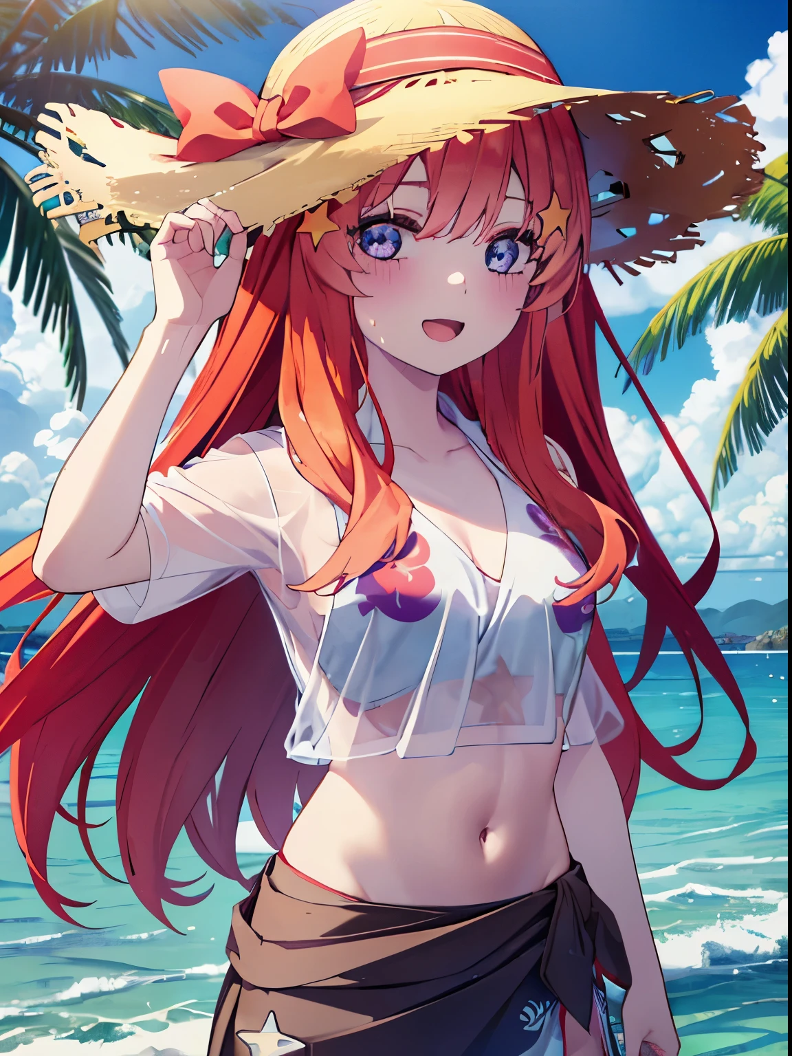 itsukinakano, itsuki nakano, bangs, blue eyes, hair between eyes, Ahoge, redhead, star \(symbol\), hair ornaments, star hair ornaments,happy smile, smile, open your mouth,skirt,big straw hat,Red Bikini Swimsuit,naked belly,A light red blanket is wrapped around his waist..., (beach salon),  big breasts,((salon)), beach outfit,real summer,Palm tree,Belly button soup,
break outdoors, beach,
break looking at viewer, (cowboy shot:1.5),
break (masterpiece:1.2), highest quality, High resolution, unity 8k wallpaper, (shape:0.8), (fine and beautiful eyes:1.6), highly detailed face, perfect lighting, Very detailed CG, (perfect hands, perfect anatomy),