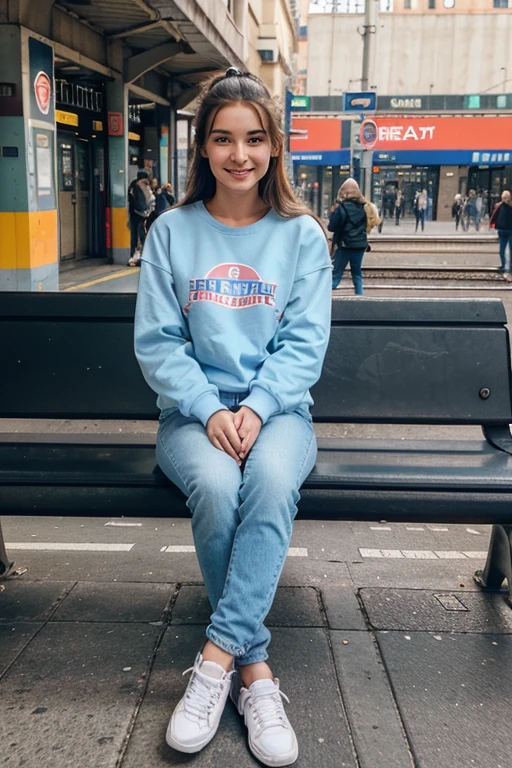 woman, 23 years old, at the station, waiting for the train in central Milan. Sitting on a bench with legs crossed. Dressed in sports shoes, jeans, light blue sweatshirt. happy face. real photo. mastergirl