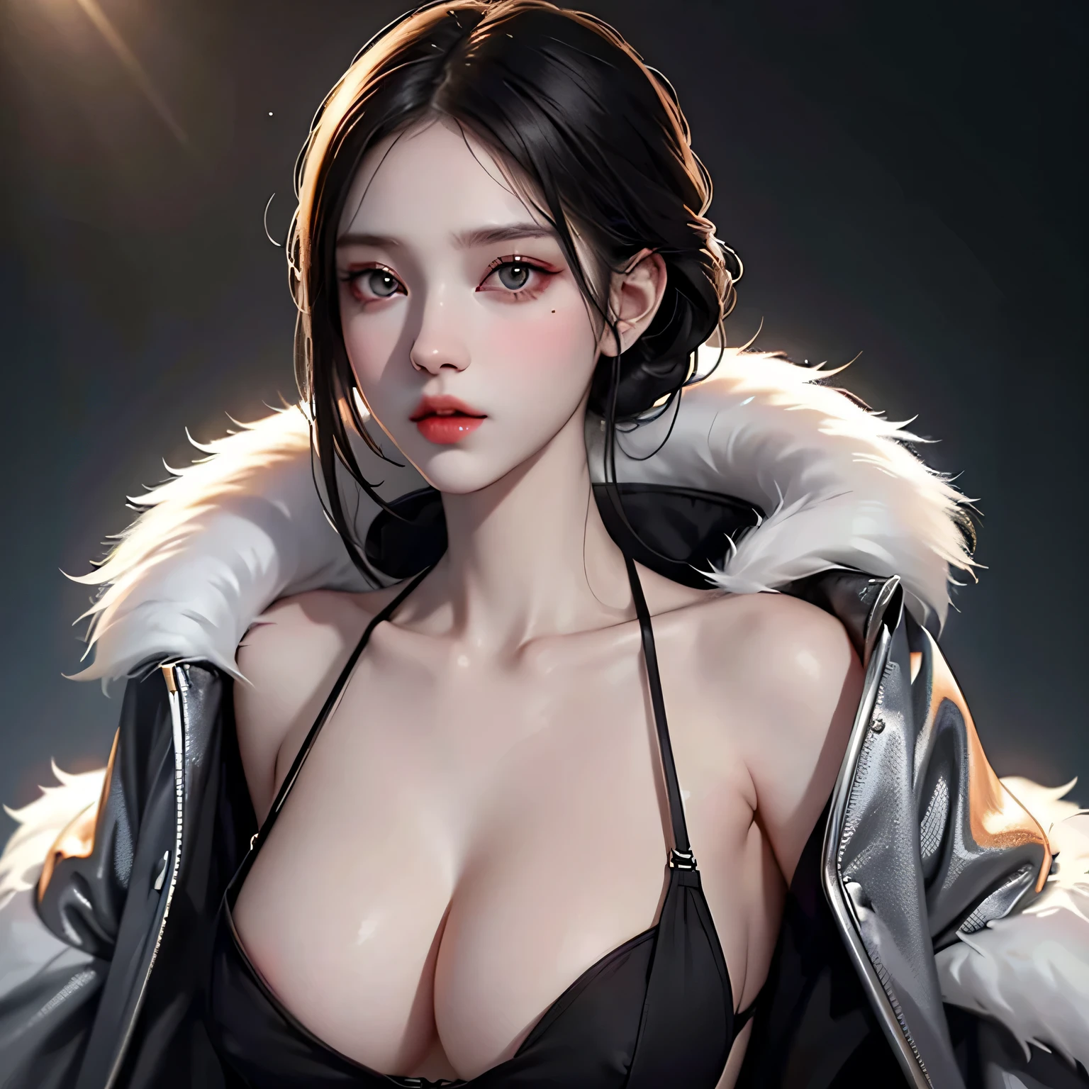 Beautiful girl with realistic black eyes, pale skin, medium length black hair, perfect face, perfect eyes, wearing a coat, very detailed, comprehensive movie, digital painting, 8K, cinematic lighting, highest quality, High resolution, well done!, Post-processing, perfect result, surreal,(((revealing clothes))),big breasts,erect nipples