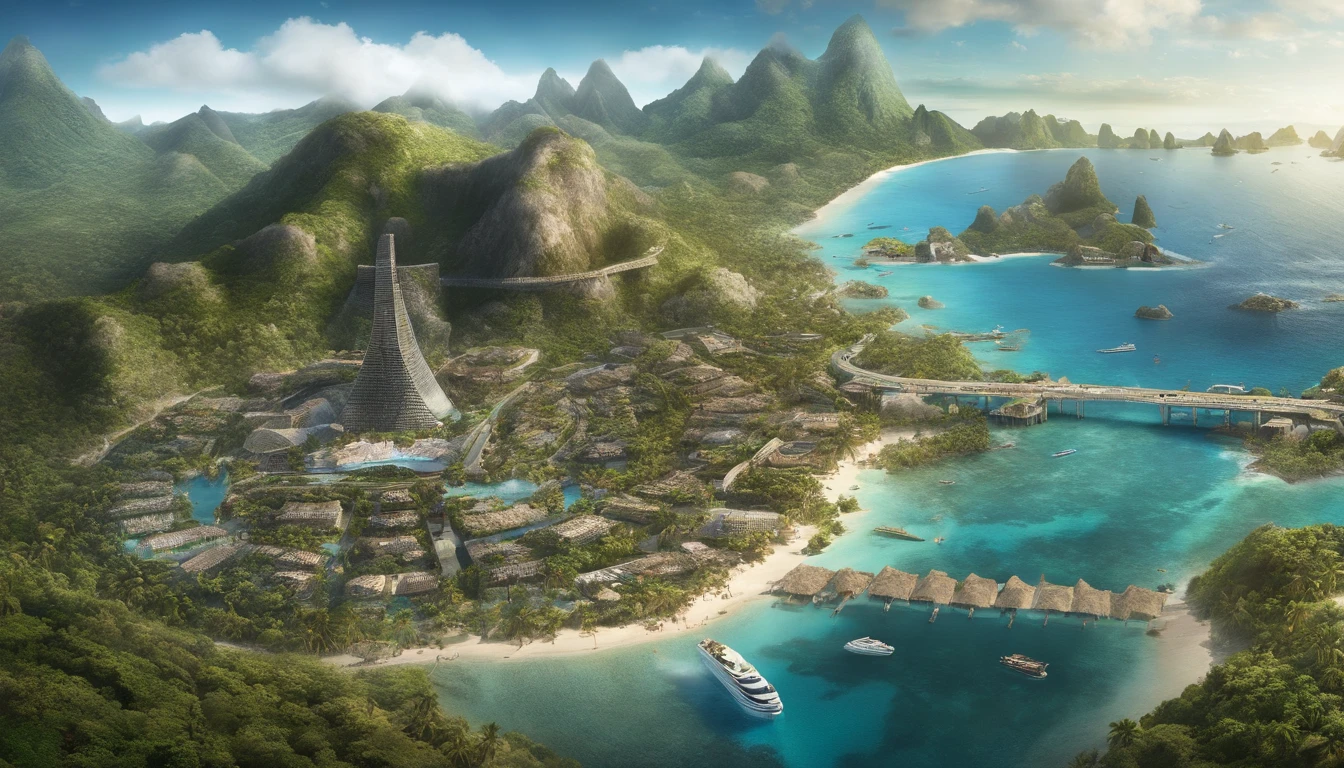Aerial view of a tropical island: Puerto,cruise,vast ocean、A shopping center and some resort-type buildings. Another island with a mountain of skulls, Palm trees and bridge connecting islands