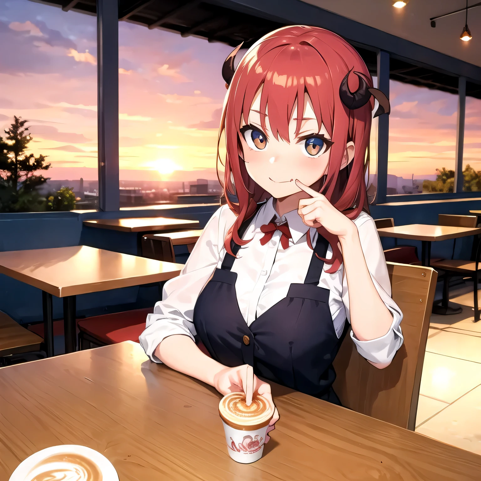 Beautiful sunset Satanichia Mcdowell posing while having a coffee in a cafe