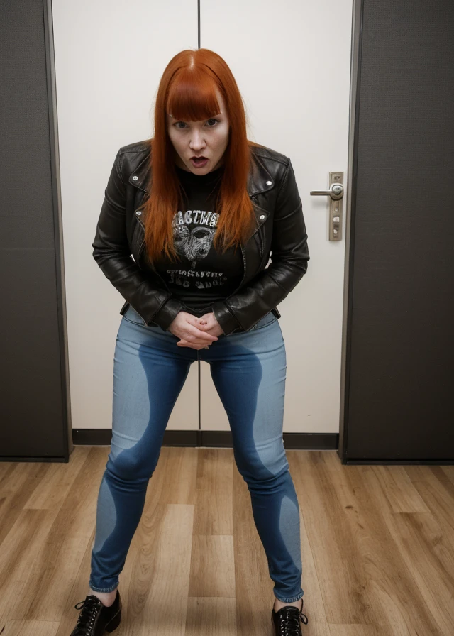 (pp clothes), fashion photo, sad expression, tears, ginger woman, bangs, goth, tight blue jeans, desperate to pee, wetting herself, embarrassed, office