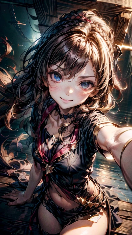 #quality(8k,wallpaper of extremely detailed CG unit, ​masterpiece,hight resolution,top-quality,top-quality real texture skin,hyper realisitic,increase the resolution,RAW photos,best qualtiy,highly detailed,the wallpaper),solo,#1girl(cute, kawaii,small kid,hair color red,braid hair,messy hair,eye color cosmic,big eyes,smile,have an eyepatch,smirk,pirates,dynamic pose,dynamic angle:1.4,),#background(on the wooden ship,beautiful sea,simple),(dynamic angle:1.6),draw human hand very correctly,