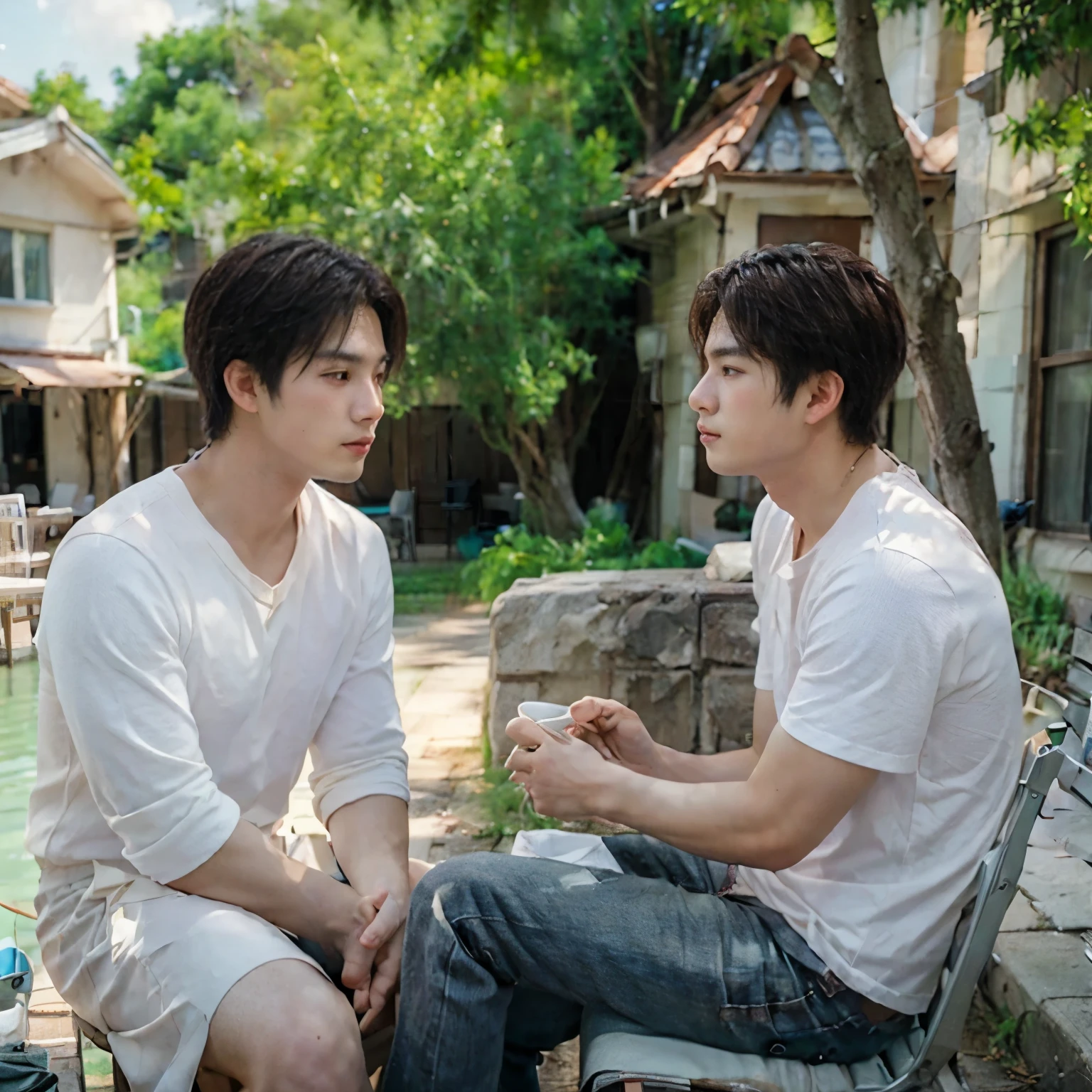 generate images of posters for the boy love series "Sangmin and the clay". The hero is a young Korean man, age 30, handsome, white, tall, and the protagonist is a young man, age 20, cute, white, and smaller than the hero. And the two of them were sitting next to each other by the water. There was a tree house. The light gave a feeling of warmth and love.