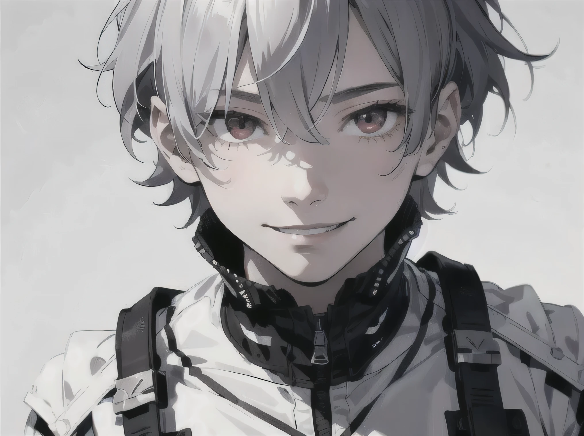 [[[[white background]]]], [[[Short-haired man]]], absurd solution、highest resolution、(masterpiece:1.4)、very detailed、from above、Adonis, boy universe、masterpiece, Acceleration_nffsw, (expressionless:1.2), (smile:1.3), crutch, silver hair,red eyes shining, photo taken up close, very detailed, (dark:1.3), dark, faint, nffsw, illustration, dirty