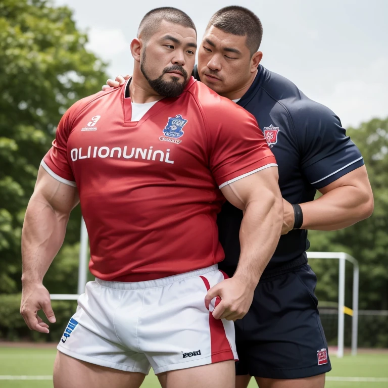 (looking away:1.2), (sexy look:1.2), (hugging each other:1.2), (rugby uniform:1.2), (at play ground:1.2), Japanese man, manly face, (round face:1.2), (monolid eyes:1.2), (crew cut:1.2), very large and strong body, bulky body, beefy muscles, (bulging muscles:1.2), (very large pectoral muscles:1.2), (muscular arms:1.2), muscular abs, muscular legs, muscular back, bright oily skin, (realistic:1.2), distant view