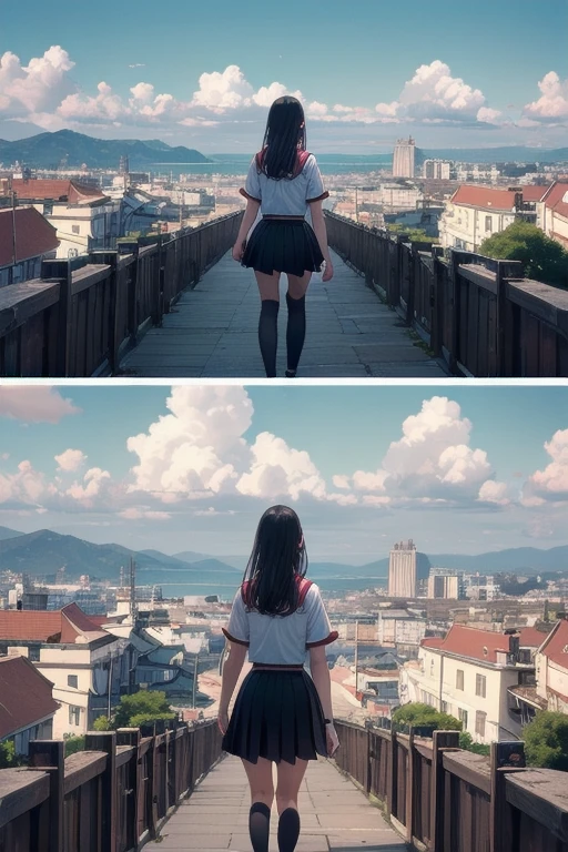 A very cute and beautiful high school girl looking at the sea on the hill,(very detailed美しい顔と目:1.2), smile,cowboy shot,(crew ,navy blue pleated mini skirt),black hair,zettai ryouiki,Skirt fluttered in the wind,white panties, (looking at the sea,From the top of the hill),There are many houses with red roofs,detailed landscape, (highest quality,masterpiece:1.2),disorganized,High resolution,Super detailed,very detailed,32k,8K resolution, intricate details,movie scene,detailed background,alone,dynamic angle, Natural light,hair blowing in the wind,beautiful detailed sky,