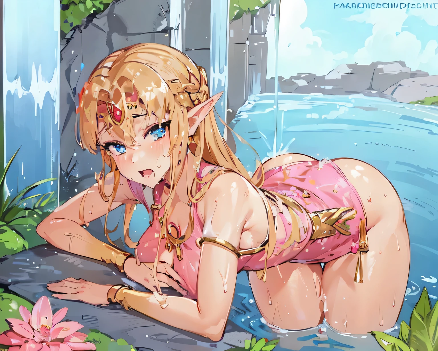 Hyper realistic super detailed sexy princess Zelda detailed, expressions faciales sexy, seductive facial expressions, [:(Face detail: 1.4): 0.4], big butt, big breasts 16K resolution, 4k resolution, (Ventre plat parfait), (image couleur), BREAK pink dress, sweaty, blunt bangs, satin, sparkling, side slit, night, crossed arms, masterpiece, best quality, highly detailed BREAK, looking at viewer, crouched down, masterpiece, best quality, highly detailed, desire, blush, (Beautiful and detailed eyes description), (beautiful and detailed face), Perfect female body, (Best Quality), (ultra-detailliert), (masuter piece), (hight resolution), (Original), (the Extremely Detailed CG Unity 8K Wallpapers)
