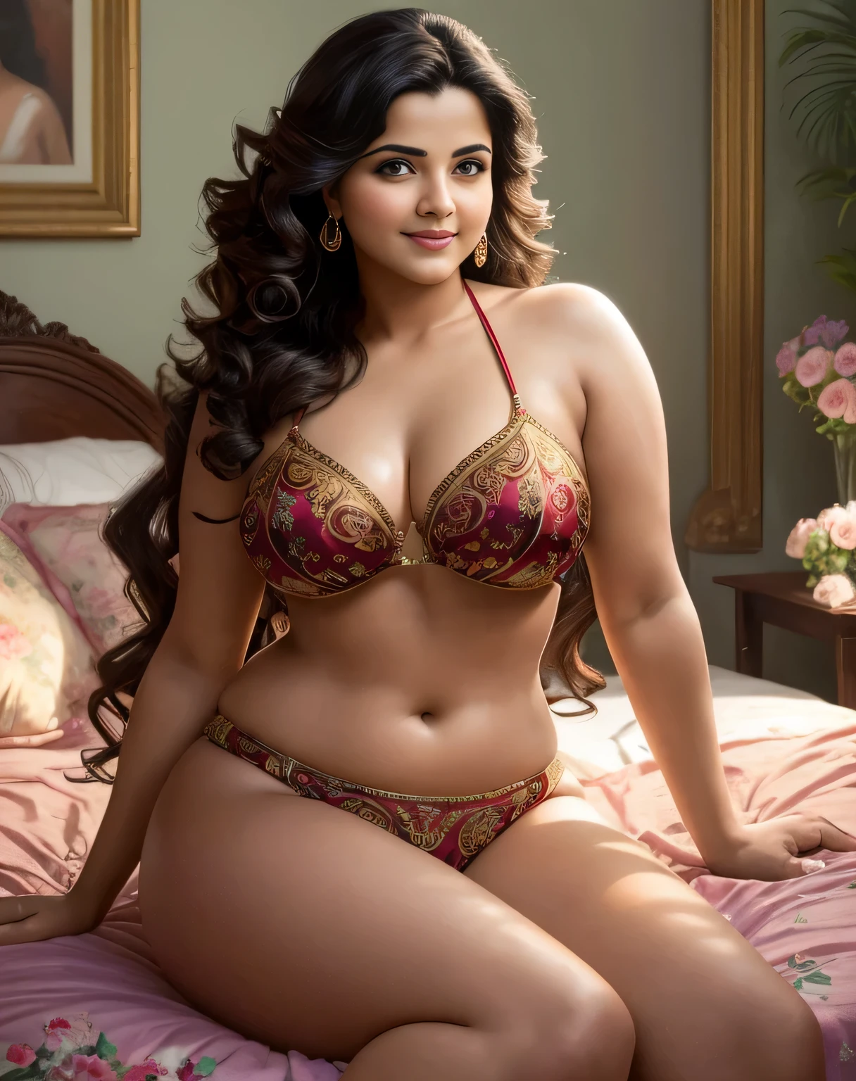 (masterpiece portrait photography:1.4) of a  alluring ravishing curvy Divya Bharti, posing on bed with her husband, wearing beautiful, wearing strappy vintage ornate bikini, ornate royal bikini, first night of bride, (long flowing wavy backlit hair:1.2), fair radiant skin, vivacious, lustful glance, exhilarated (captivating kohl lined eyes:1.1) , (seductive smile:1.3) soft dramatic lighting,, key lighting, backlit, light rays, highly detailed, trending on artstation, paint splashes, rich colour, flowers all around, abstract portrait, by Ron hicks