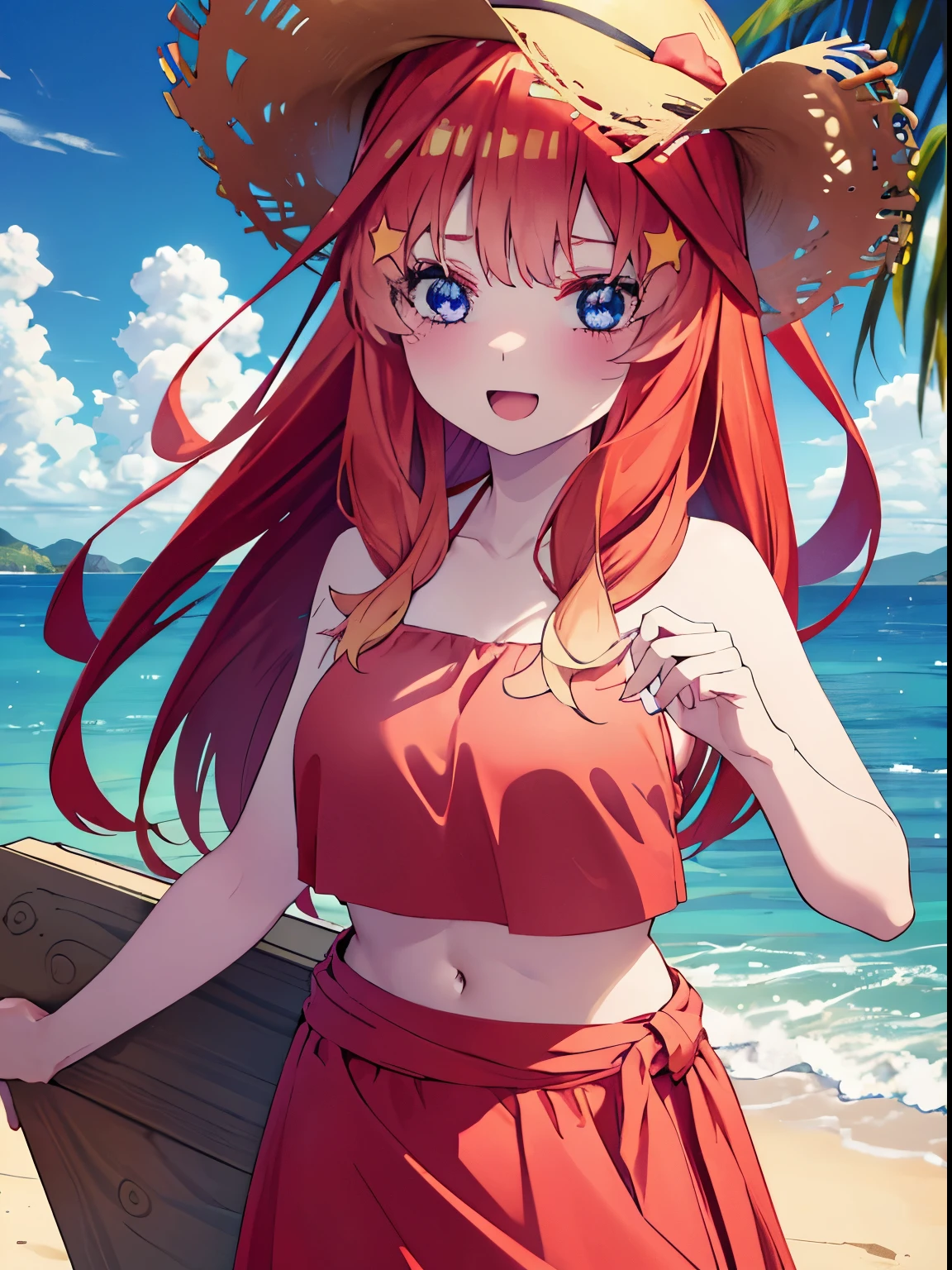itsukinakano, itsuki nakano, bangs, blue eyes, hair between eyes, Ahoge, redhead, star \(symbol\), hair ornaments, star hair ornaments,happy smile, smile, open your mouth,skirt,big straw hat,Red Bikini Swimsuit,naked belly,A light red blanket is wrapped around his waist..., (beach salon),  big breasts,((salon)), beach outfit,real summer,Palm tree,Belly button soup,
break outdoors, beach,
break looking at viewer, (cowboy shot:1.5),
break (masterpiece:1.2), highest quality, High resolution, unity 8k wallpaper, (shape:0.8), (fine and beautiful eyes:1.6), highly detailed face, perfect lighting, Very detailed CG, (perfect hands, perfect anatomy),