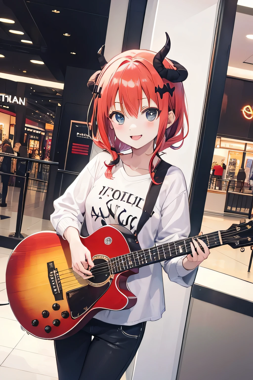 Satanichia mcdowell y vistiendo con ropa bonita casual y sonriendo ligeramente mientras toca una guitarra en un mall