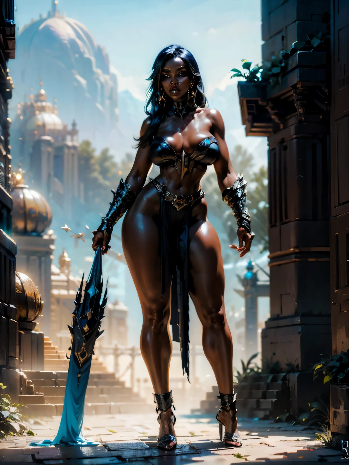 Mirando desde arriba al publico, A mature ebony fighter in action, high definition digital art, Estilo de pintura, eternal fantasy digital art.
proporciones faciales perfectas, nariz perfecta labios perfectos cara perfecta, con los senos al desnudo, en tanga cuerpo completo hermosa y muy sexy
Piernas curvas perfectas enpose de lucha con armadura futurista y de fantasia en las piernas, en fondo sencillo