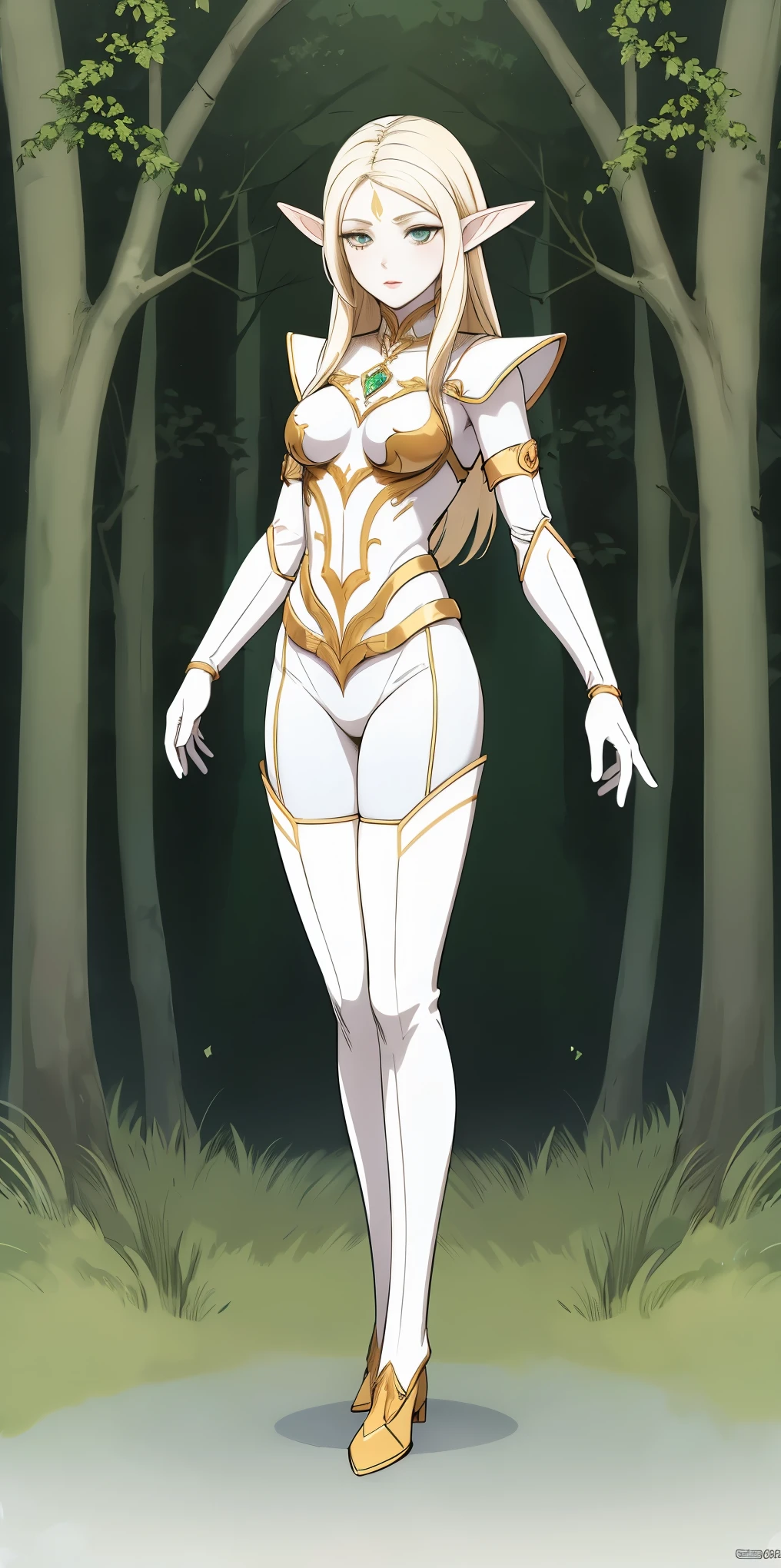 (masterpiece, best quality), (full body:1.6), standing (small fighting elven 1girl:1.6),(magical),(cute,adorable:1.3),blonde hair, green eyes, medium breast, beautiful, detailed, enchanted breastplate with precious gemstones, white thigh-high greaves, seductive pose, in a forest, magic flora, detailed face and eyes, volumetric light,(ultra quality skin:1.7)
