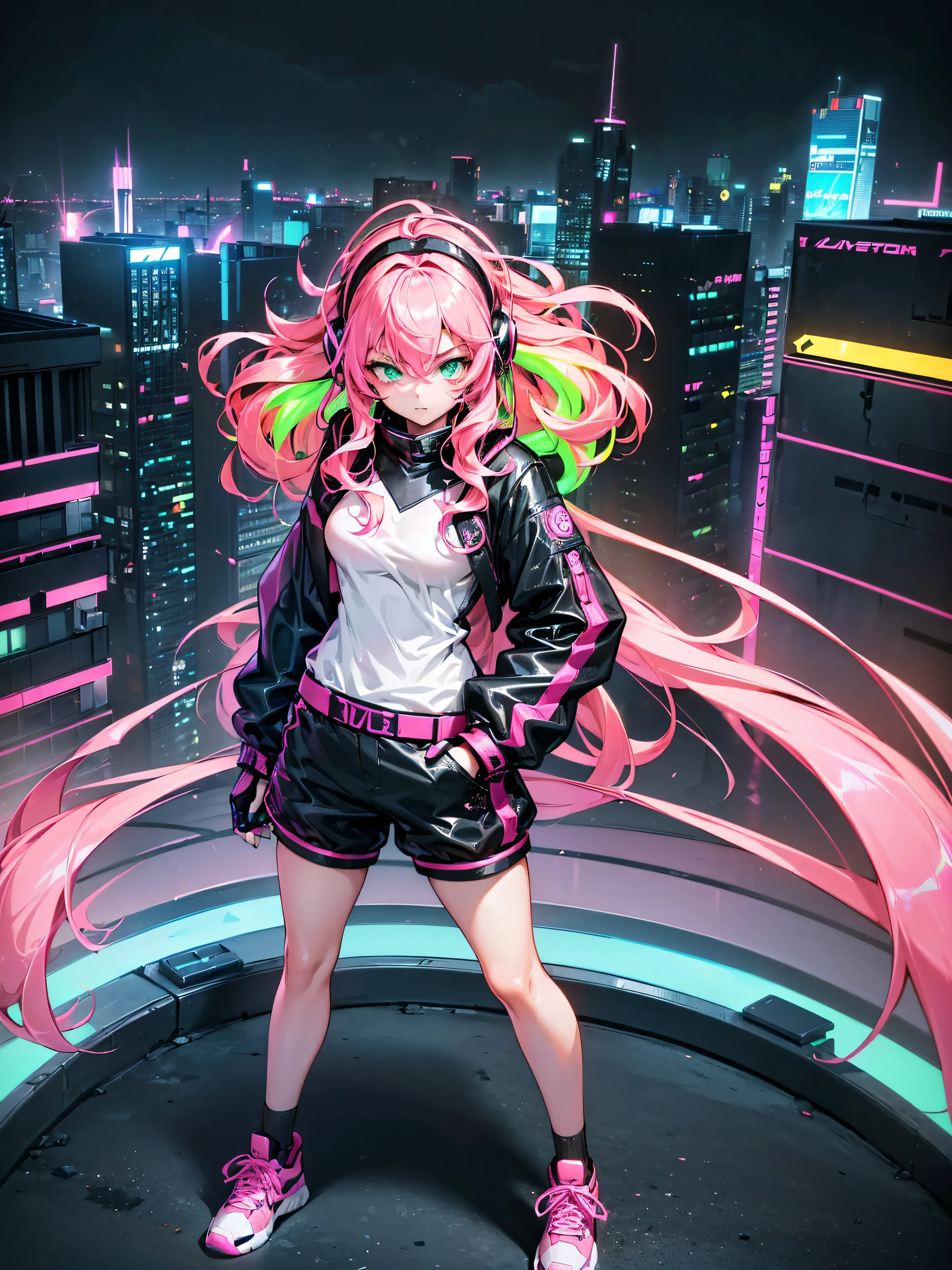 masterpiece:1.4, 1girl ((20year old, dressed in long sleeve shirt, tight black shorts, sneakers, medium breasts, multicolor pink hair, curly long hair, green eyes:1.4, Wearing headphones, looking towards camera, standing on a balcony:1.1 tall sci-fi buildings in background:1.1, neon and energetic atmosphere:1.2)) ((nighttime)) ((low camera angle, ground view)) ((solo:1.6))