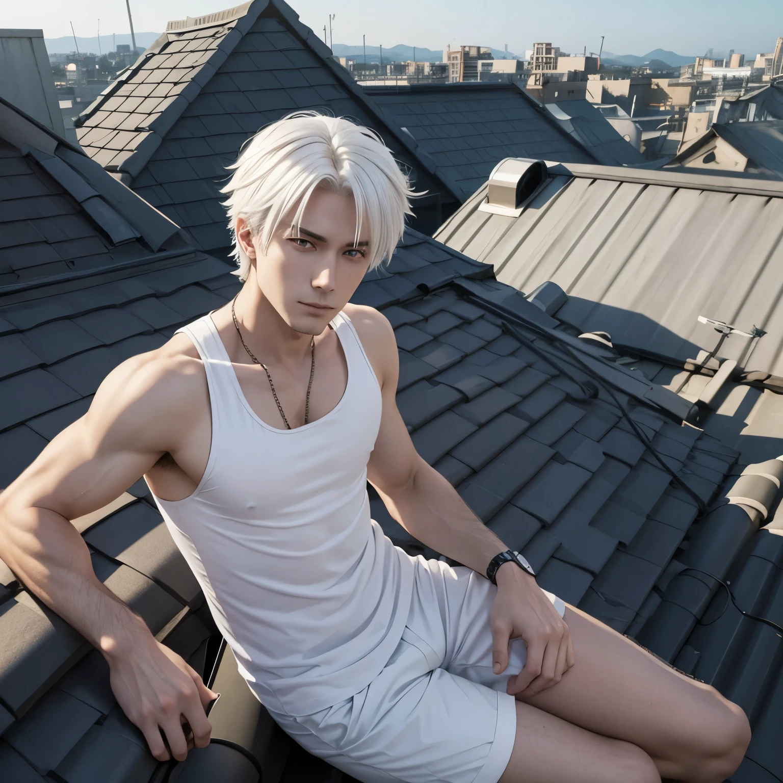White haired anime guy sitting on a roof top wearing a tank top 