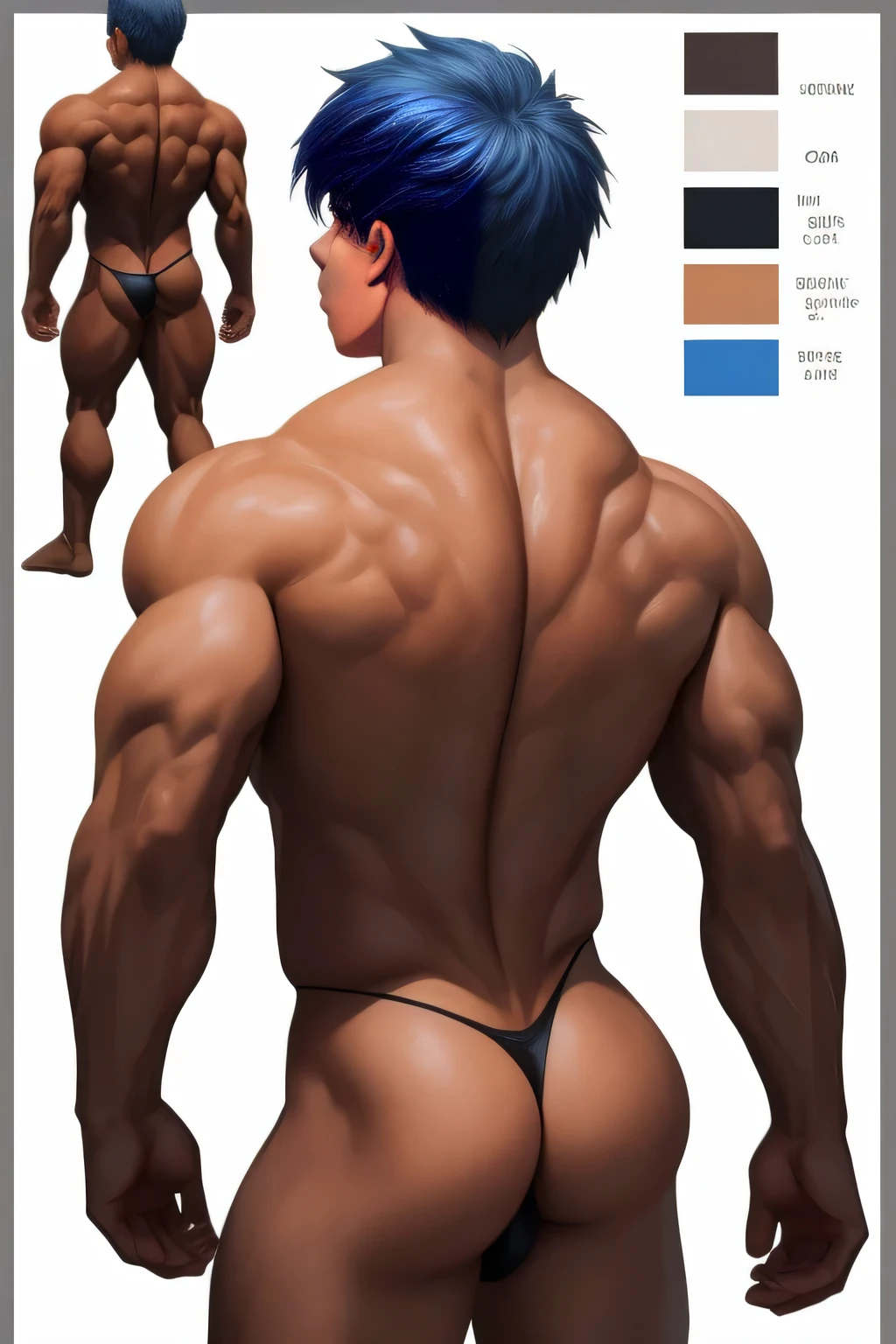 ((masterpiece)),(((best quality))),((character design sheet,same character,front,side,back)), ((Extremely realistic shadows, Masterpiece, extremely detailed, photorealistic)) standing in front on stage, A ( face) 15 year old teen (15 yearsttractive boy, Mexican ethnicity. Tanned skin, cobalt blue hair, short hair bangs that fall on both sides of his youthful face. Carefree expression, young man, alone, marked muscles, beautiful musculature, aesthetic stretch marks, inspiring physique, slender muscles, square pecs, beautiful V-cone, excellent abs and torso, chiseled abs, pectorals chiseled, with his military haircut and voluminous neck, narrow waist, bare chest, shirtless, topless, blue eyes, young face, beautiful, young. Teen muscular young builder with extraordinary and firm back, chiseled muscles, rhomboid muscles, latissimus dorsi. Gigachad. He is wearing a thong, ((Metalic thong)). Bare chest. ((CHARACTER DESIGN SHEET, SAME CHARACTER, FRONT, SIDE, BACK)) (((Back))) huge firm muscular thighs, round buttocks and round butt with back, huge ass ((firm buttocks)) with big booty