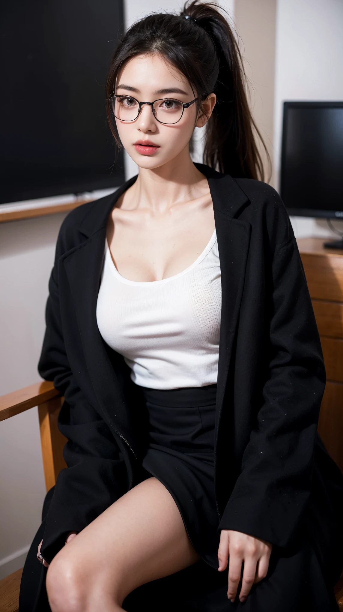 ((best quality)), ((masterpiece)), (detailed), (photorealistic:1.4), best quality, masterpiece, ultra high res, 1girl, (detailed face:1.2), (detailed eyes:1.2), (detailed hair:1.2), (detailed clothes:1.2), 4k, (detailed color:1.2), perfect face, beautiful body, pretty face, ager female, perfect body, Ultra-high detail, Photorealism, Intimate atmosphere, flowing light, black straight hair, ponytail, glasses, wear a black coat, naked coat, braless, black skirt, unbuttoned coat, sit on the boss chair, office room, facing at viewer, badass looking, cool face