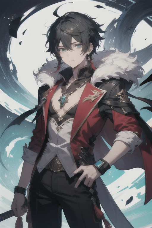 ((best quality)), ((masterpiece)), (detailed), perfect face 1boy in a red coat and black pants with a sword, genshin impact character, noble character design, , anime character design, character adoptable, keqing from genshin impact, shadowverse design, male , black hair with white highlights, male punk theme,fur-trimmed jacket,wolf theme messy hair, mullet hair, with earring and pieces, aqua green amulet