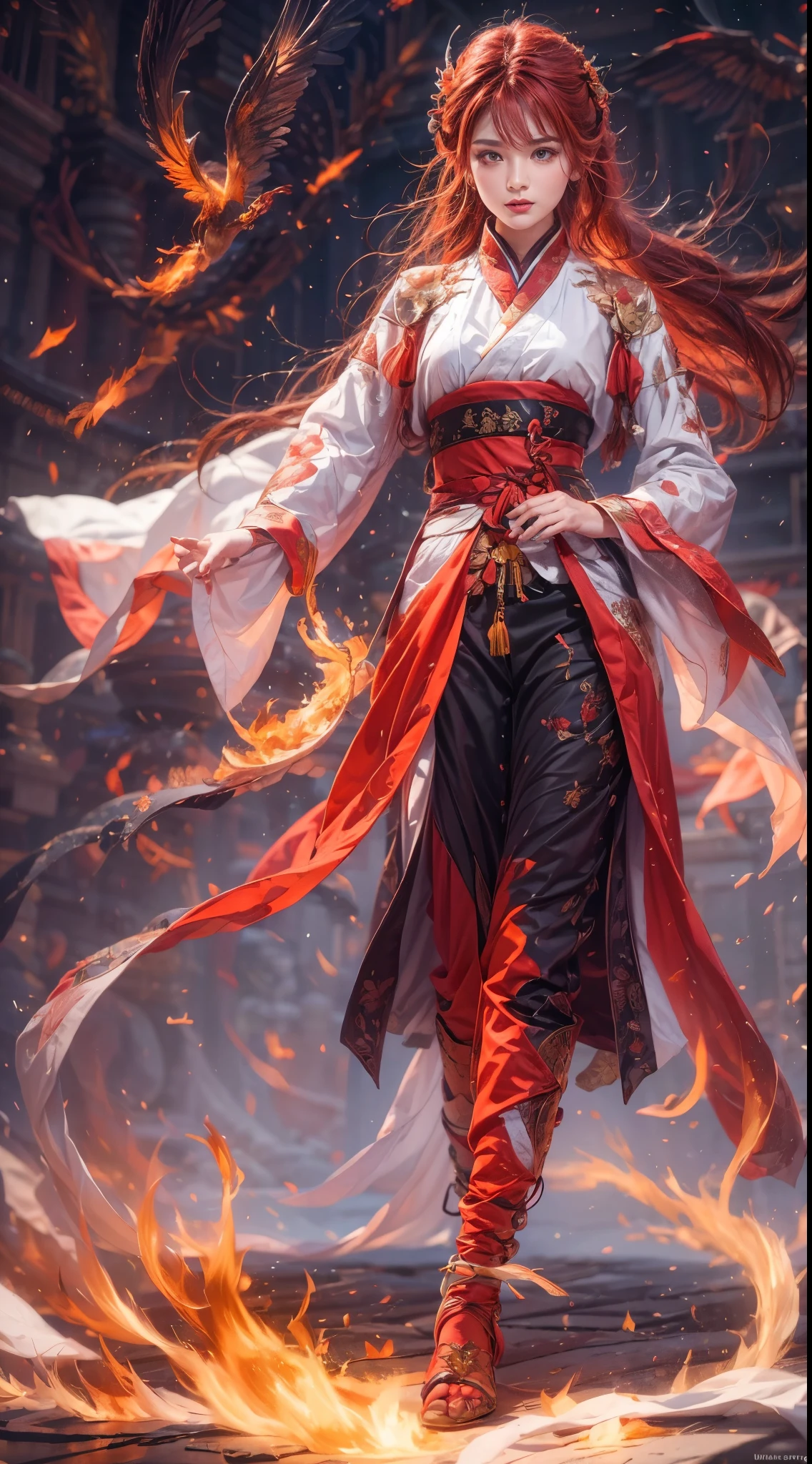 (full body portrait), (close up) ,1 girl,korean girl, , Fire mage wearing fiery red clothes(Chinese Hanfu),The robe is embroidered with intricate runes,Decorated with a burning scent。He was tall and strong,Raise your hand,Powerful fire spells are being unleashed, His eyes are firm and sharp,A fire flashed in the flame mage's eyes,(A huge flaming phoenix spreads its wings and flies:1.2),(Phoenix feathers burn with blazing flames), it sparkles,Its body is surrounded by flame feathers,Dancing,Forming a spectacular flame hexagonal star array pattern,Full of mysterious magic,The whole scene is full of fiery aura and passion for fighting,Large fire spells bloom in the air,A brilliant arc of flames and splashing sparks form,(Fire Mage and Phoenix),Look majestic and mysterious in the raging fire,Like the embodiment of fire and magic,Red hair,high detail,Surrealism,realism,((Half-length photo)),(real picture:1.4),(chiaroscuro),movie lighting,Realistic special effects,Render by Octane,Ray tracing,panoramic,perspective,textured skin,Ultra-detailed,ultra high definition,masterpiece,anatomically correct,best quality,high resolution,8K