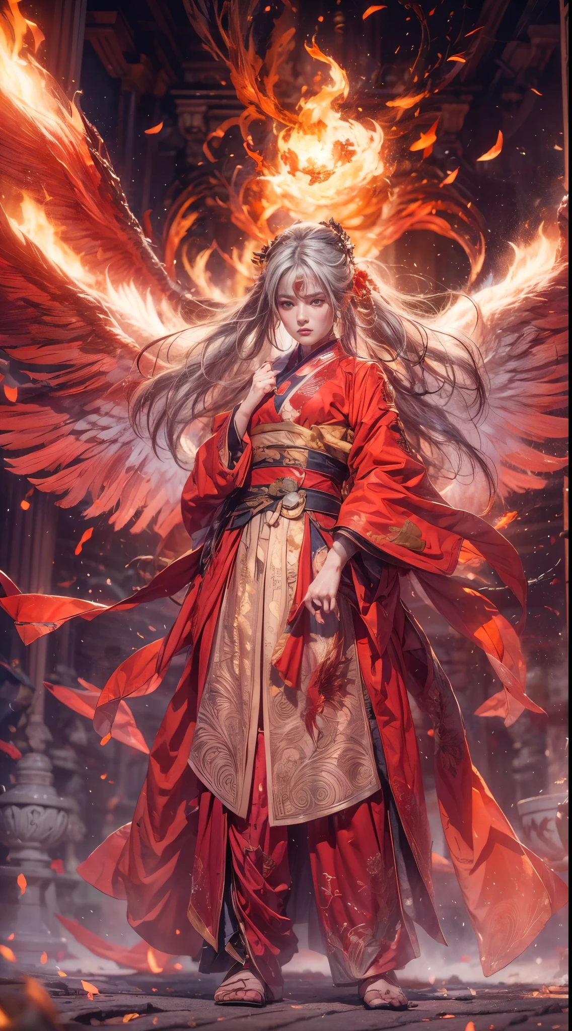 (full body portrait), (close up) ,1 girl，korean girl, 17 years old, Fire mage wearing fiery red clothes（Chinese Hanfu），The robe is embroidered with intricate runes，Decorated with a burning scent。He was tall and strong，Raise your hand，Powerful fire spells are being unleashed, His eyes are firm and sharp，A fire flashed in the flame mage&#39;s eyes，（A huge flaming phoenix spreads its wings and flies：1.2),（Phoenix feathers burn with blazing flames), it sparkles，Its body is surrounded by flame feathers，Dancing，Forming a spectacular flame hexagonal star array pattern，Full of mysterious magic，The whole scene is full of fiery aura and passion for fighting，Large fire spells bloom in the air，A brilliant arc of flames and splashing sparks form，（Fire Mage and Phoenix），Look majestic and mysterious in the raging fire，Like the embodiment of fire and magic，Red hair，high detail，Surrealism，realism，（（Half-length photo）），（real picture：1.4），（chiaroscuro），movie lighting，Realistic special effects，Render by Octane，Ray tracing，panoramic，perspective，textured skin，Ultra-detailed，ultra high definition，masterpiece，anatomically correct，best quality，high resolution，8K