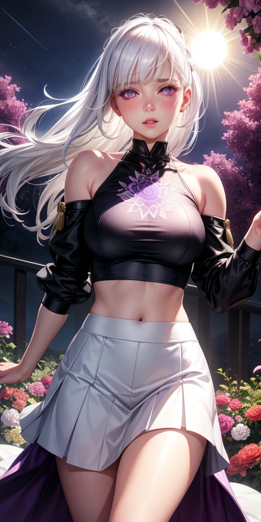 realistic, 1girl, white hair, purple eyes, glowing eyes, crop top, skirt, parted lips, blush, night, flowers, sun, sunlight,