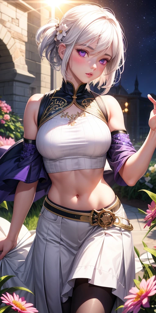 realistic, 1girl, white hair, purple eyes, glowing eyes, crop top, skirt, parted lips, blush, night, flowers, sun, sunlight,