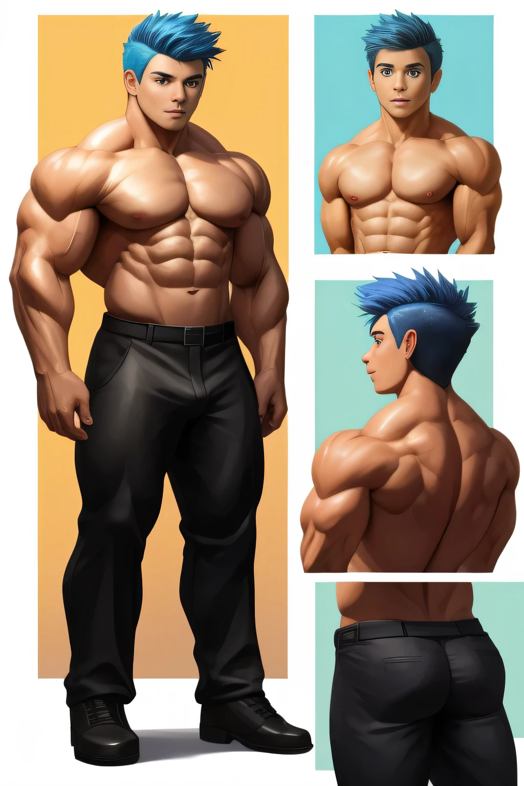 ((masterpiece)),(((best quality))),((character design sheet,same character,front,side,back)), ((Extremely realistic shadows, Masterpiece, extremely detailed, photorealistic)) standing in front on stage,
A ( face) 15 year old teen (15 yearsttractive boy, Mexican ethnicity. tanned skin, cobalt blue hair, short hair bangs that fall on both sides of his youthful face. carefree expression, young man, alone, marked muscles, beautiful musculature, aesthetic stretch marks, inspiring physique, slender muscles, square pecs, beautiful V-cone, excellent abs and torso, chiseled abs, pectorals chiseled, perfect massive muscles, inflated muscles, voluminous pectorals, massive muscular body, a huge gigantic chest with a narrow waist, huge shoulders, ridiculously well-shaped large pecs, eight chiseled abs, (very toned and huge) with his military haircut and voluminous neck, narrow waist, bare chest, shirtless, topless, blue eyes, young face, beautiful, young. Teen muscular young builder with extraordinary and firm back, chiseled muscles, rhomboid muscles, latissimus dorsi. Gigachad. He is wearing black cloth pants. cloth belt (Black cloth trousers) bare chest. Cloth trousers. (((Back))) huge firm muscular thighs, round buttocks and round butt with back, huge ass ((firm buttocks)) with big booty. ((CHARACTER DESIGN SHEET, SAME CHARACTER, FRONT, SIDE, BACK))