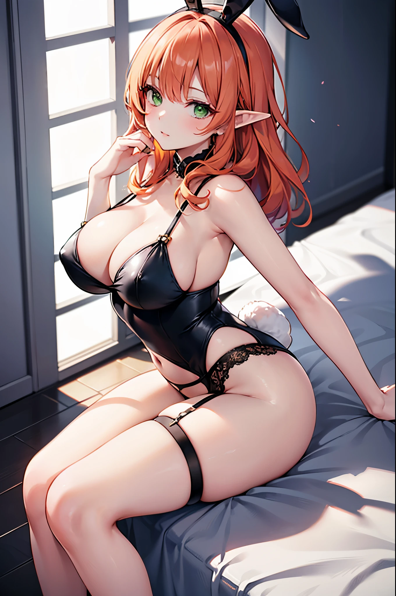 Realistic image, detailed image, coherent image. 1 beautiful elf. dressed in a doll with garter belts. She has long, curly orange hair, styled up. Green eyes with long eyelashes. Sensual expression. She has rabbit ears and tail. She has a curvy body, medium breasts, thick thighs. She is with her legs crossed. She is in a dark room. View from above. Arching her back. Soft focus, Dramatic shadows, Volumetric lighting, natural lighting. ISO:100, F1.4,