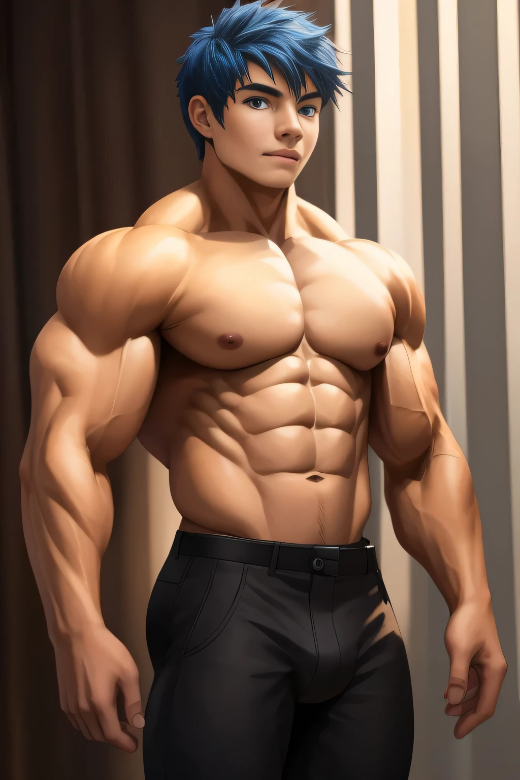 ((masterpiece)),(((best quality))),((character design sheet,same character,front,side,back)), ((Extremely realistic shadows, Masterpiece, extremely detailed, photorealistic)) standing in front on stage,
A ( face) 15 year old teen (15 yearsttractive boy, Mexican ethnicity. tanned skin, cobalt blue hair, short hair bangs that fall on both sides of his youthful face. carefree expression, young man, alone, marked muscles, beautiful musculature, aesthetic stretch marks, inspiring physique, slender muscles, square pecs, beautiful V-cone, excellent abs and torso, chiseled abs, pectorals chiseled, perfect massive muscles, inflated muscles, voluminous pectorals, massive muscular body, a huge gigantic chest with a narrow waist, huge shoulders, ridiculously well-shaped large pecs, eight chiseled abs, (very toned and huge) with his military haircut and voluminous neck, narrow waist, bare chest, shirtless, topless, blue eyes, young face, beautiful, young. Teen muscular young builder with extraordinary and firm back, chiseled muscles, rhomboid muscles, latissimus dorsi. Gigachad. He is wearing black cloth pants. cloth belt (Black cloth trousers) bare chest. Cloth trousers. (((Back))) huge firm muscular thighs, round buttocks and round butt with back, huge ass ((firm buttocks)) with big booty. ((CHARACTER DESIGN SHEET, SAME CHARACTER, FRONT, SIDE, BACK))