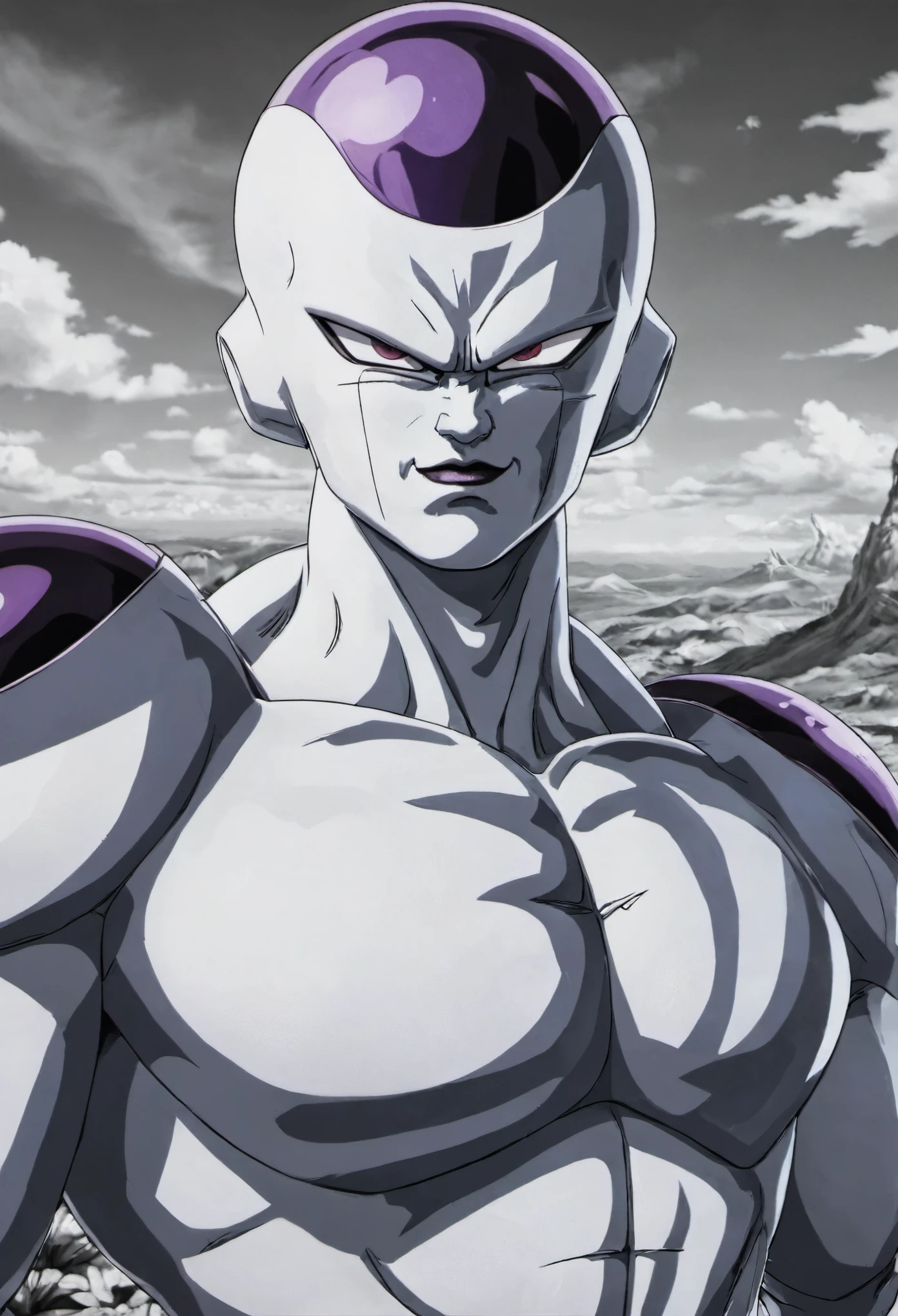 The image shows a powerful and fascinating character from the Dragon Ball series, Freezer. His intimidating appearance and defiant attitude convey a sense of strength and determination. The image captures the essence of this iconic villain, with his imposing physique and piercing gaze that seem to challenge anyone who stands in his way. It is a visually impressive high definition representation of this iconic character from the Dragon Ball franchise, set in space in the background