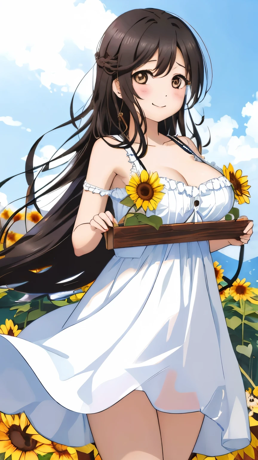 1 girl, alone,  brown eyes, black hair, long hair,half up、 (white dress:1.4),Sunflower field, Sunflower fieldの前に立つ、blue sky、very big breasts、expose one&#39;s chest、Bare your breasts、put the chest on the tray、nipples are transparent、blush、embarrassing、scared face、in trouble、smile、A lot of milk comes out of the nipples、Breast milk squirts out of the nipples、very short skirt、micro mini skirt、The shape of a woman&#39;s private parts is clearly visible、