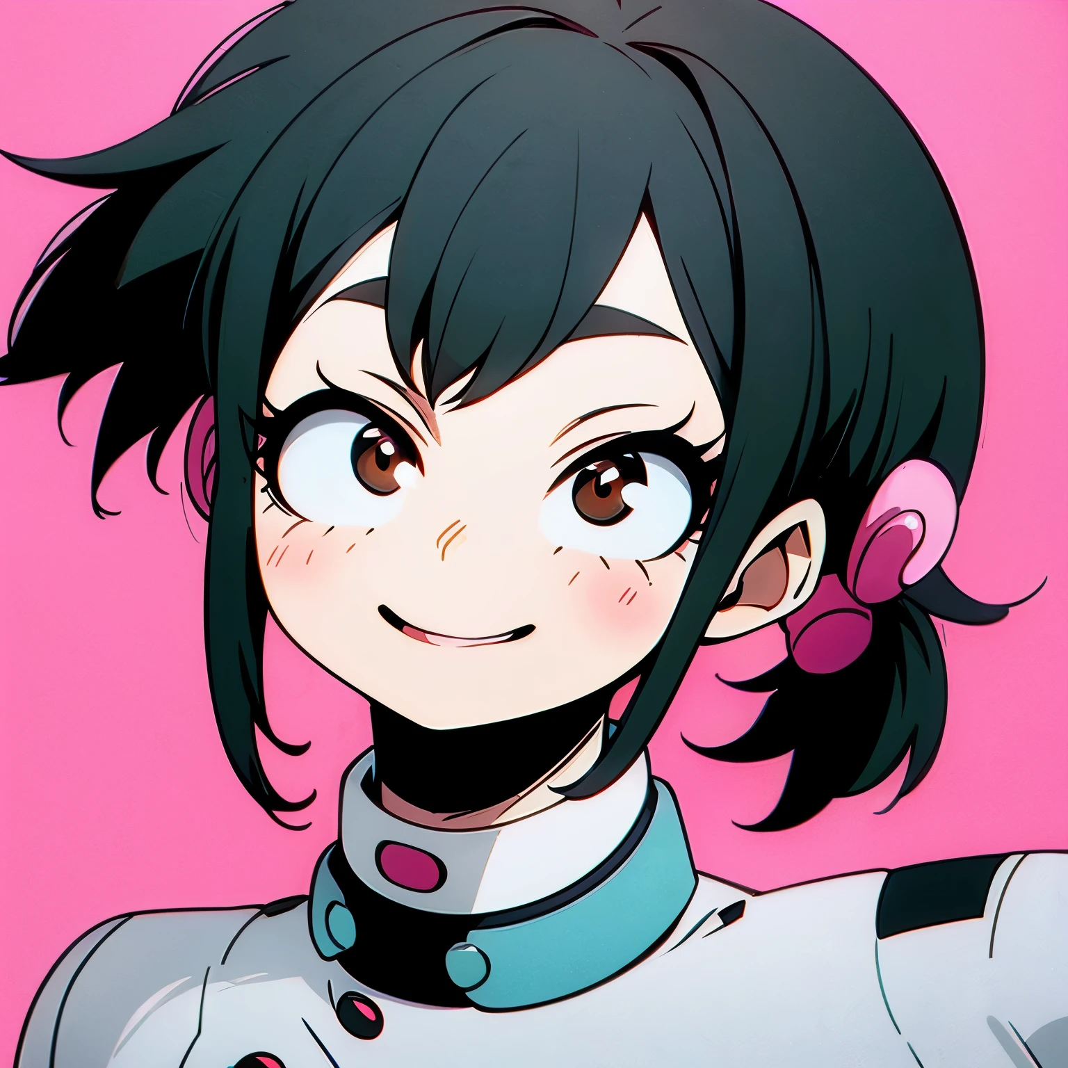 My hero academia anime style, girl with pale skin, black short hair with 2 ponytails, brown eyes and lashes, with a panda clip on her hair, smiling with pink pretty lips a little blush